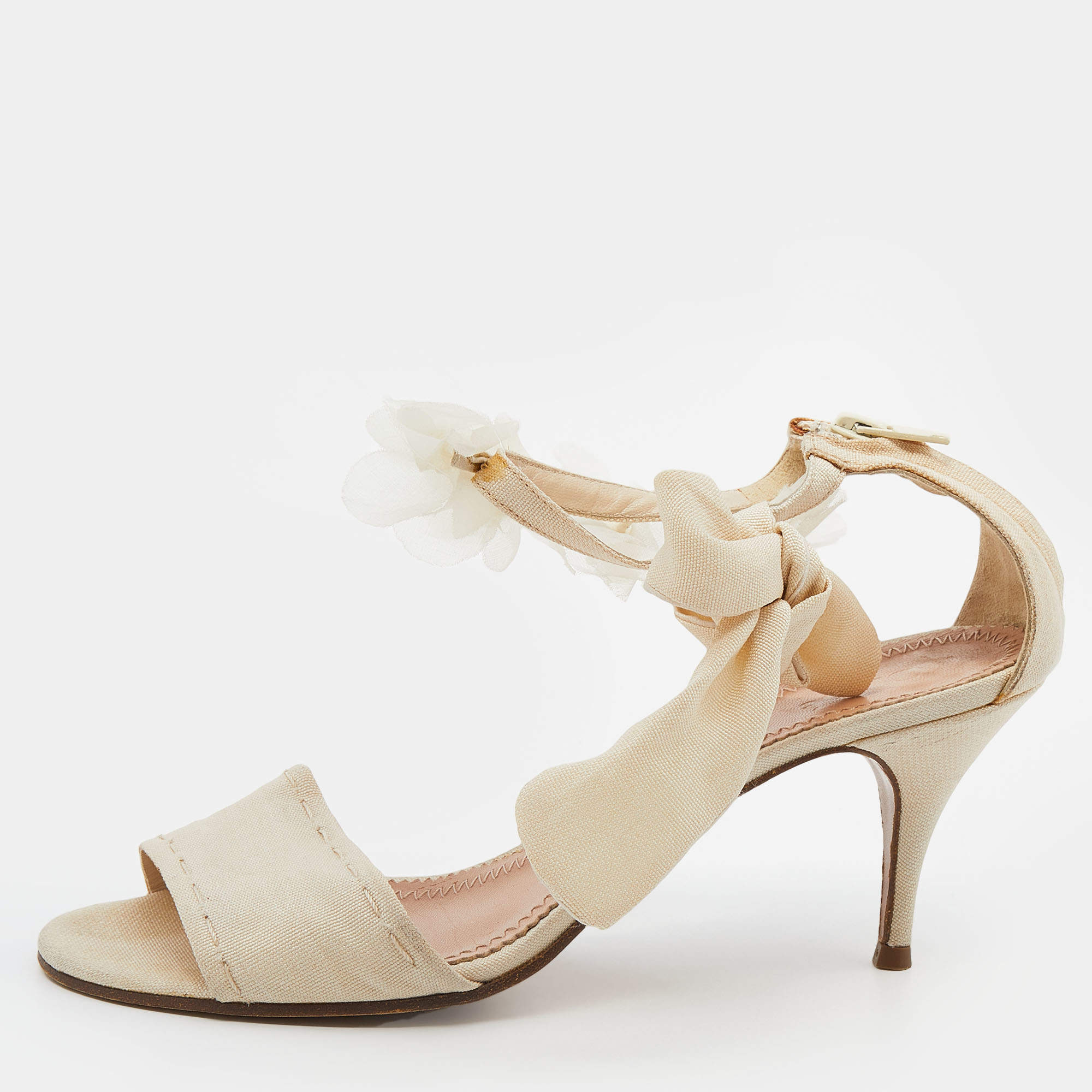 Pre Owned Chloe Beige Fabric Floral Knotted Ankle Cuff Open Toe Sandals Size 39.5
