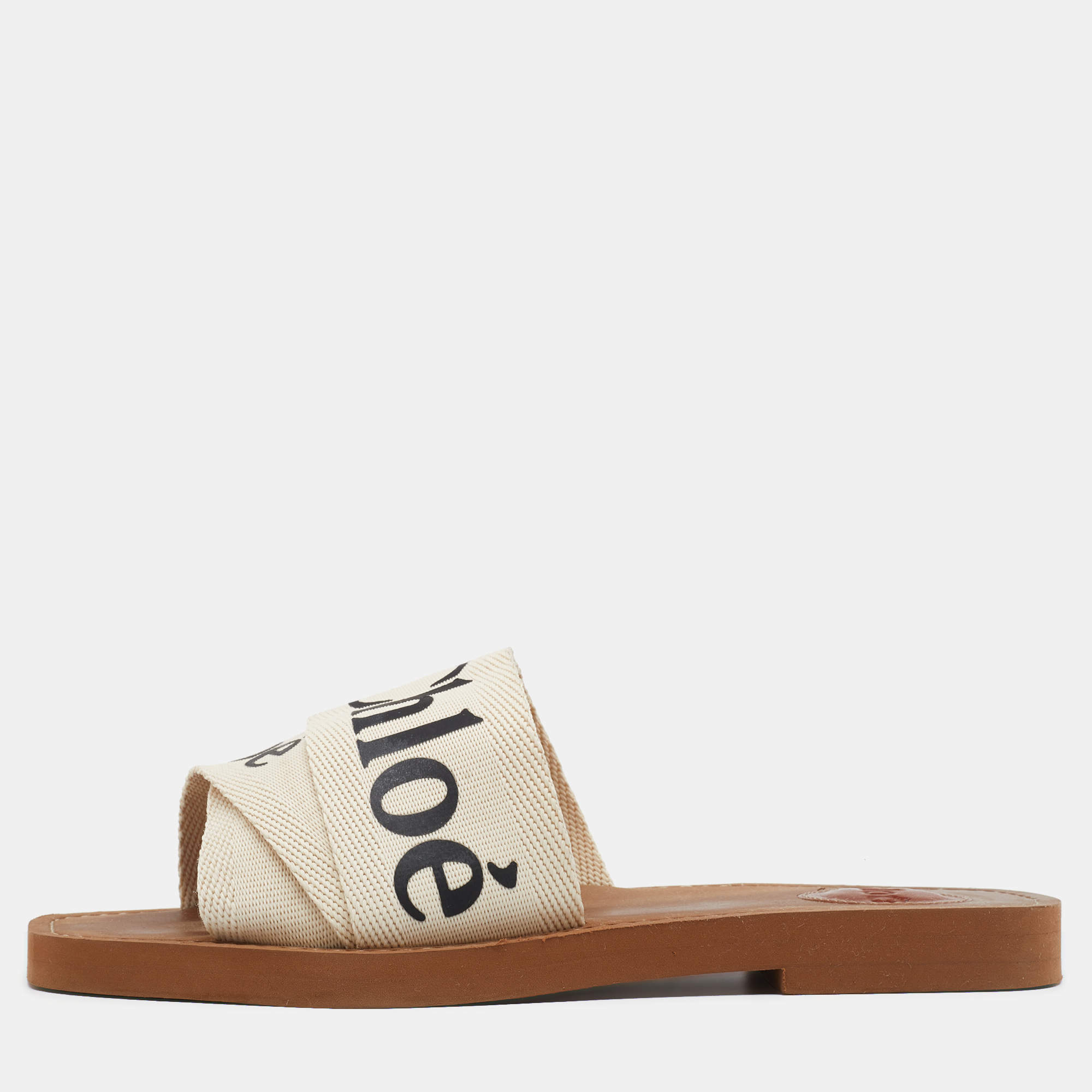 Chloé Off White Canvas Logo Ribbon Woody Flat Sandals Size 36
