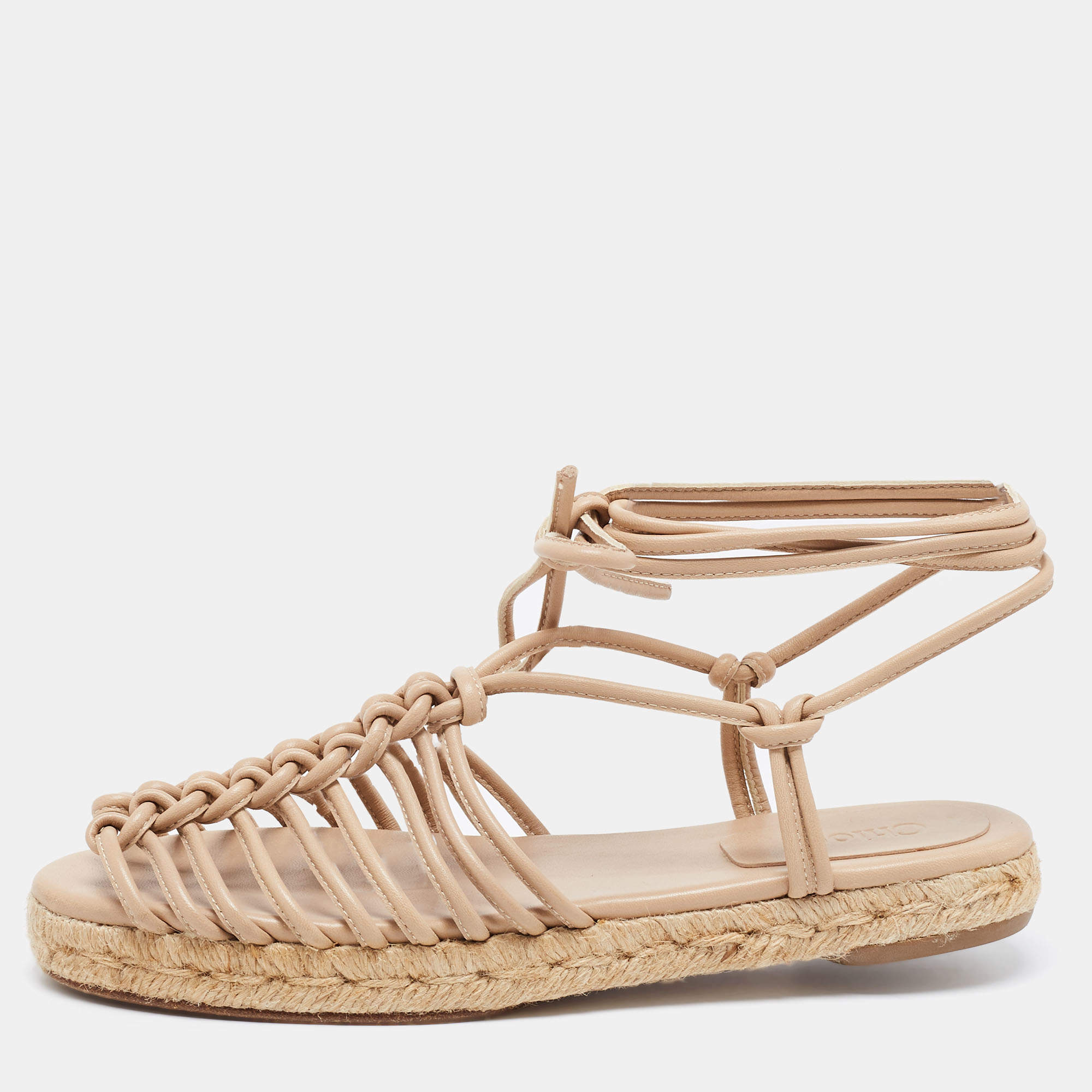 Pre Owned Chloe Beige Knotted Leather Ankle-Tie Flat Espadrilles Sandals Size 36