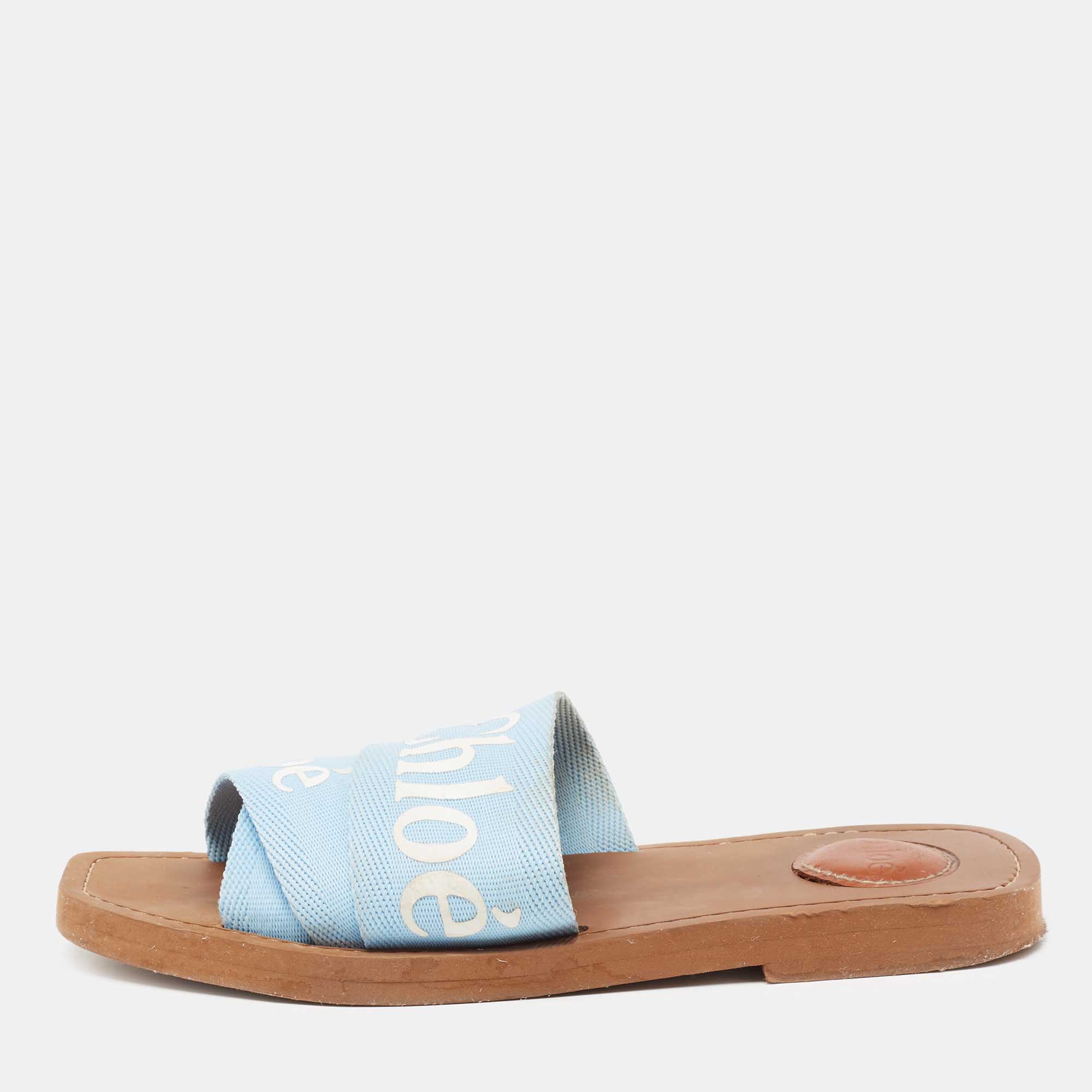 Pre Owned Chloe Blue Canvas Logo Ribbon Woody Flat Slide Sandals Size 37