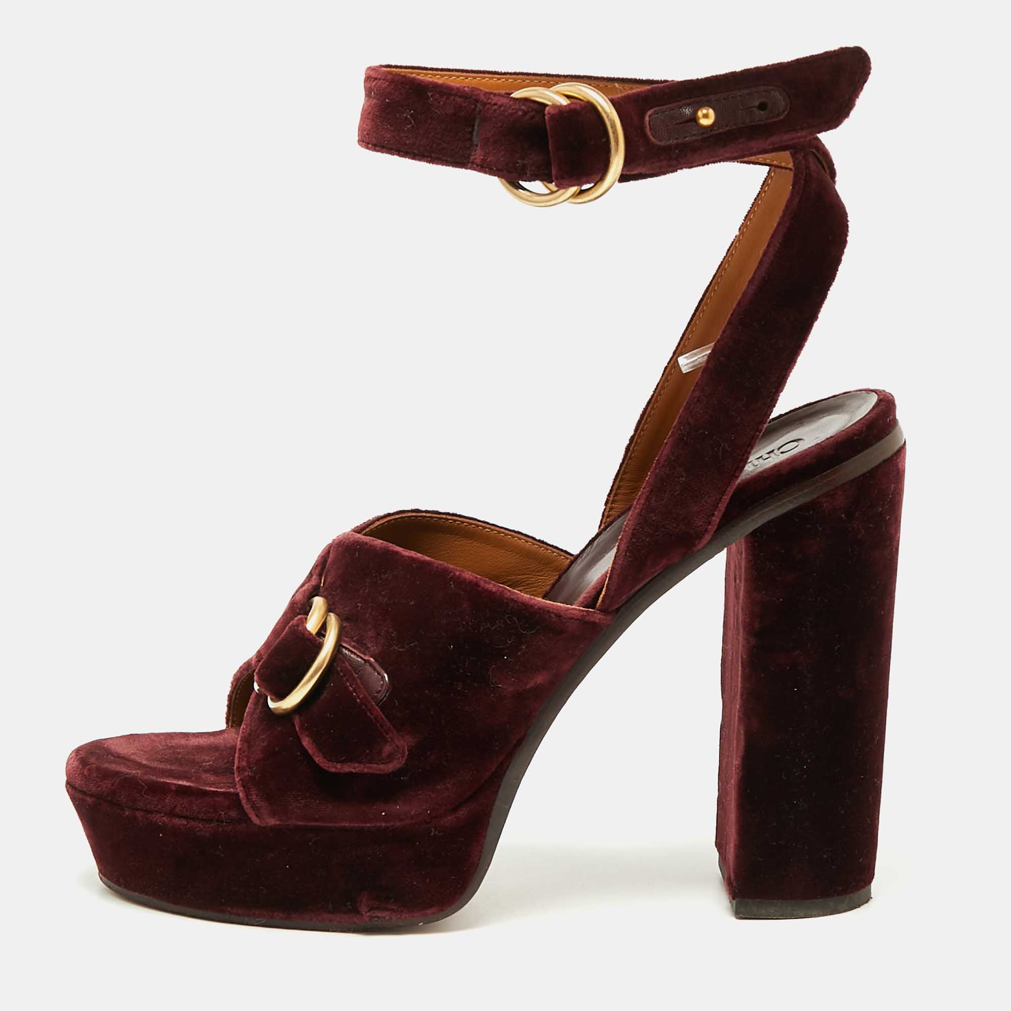 Chloe Dark Burgundy Block Heel Cross Strap Platform Sandals Size 40