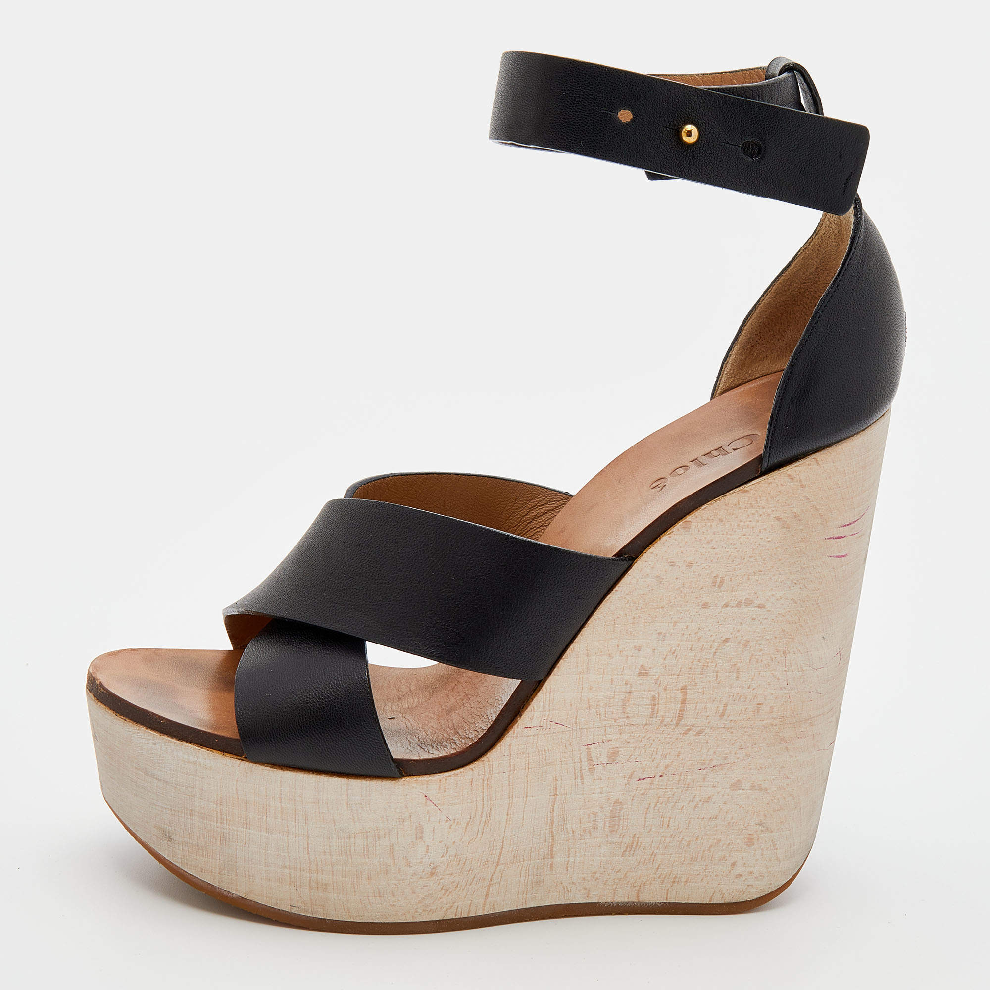 Chloe Black Leather Crisscross Platform Wedge Ankle Strap Sandals Size 38
