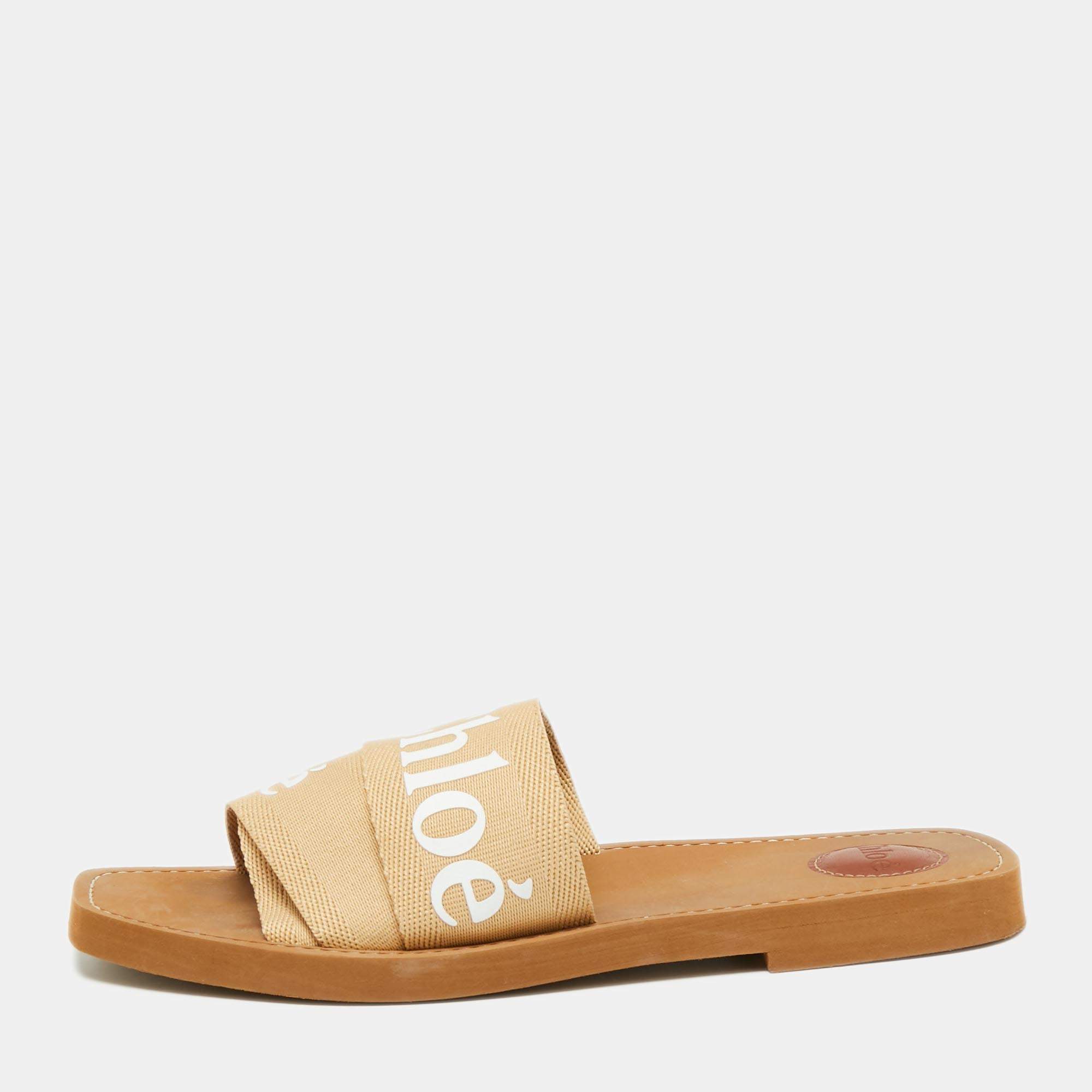 Chloe Beige Canvas Woody Logo Flat Slides Size 41
