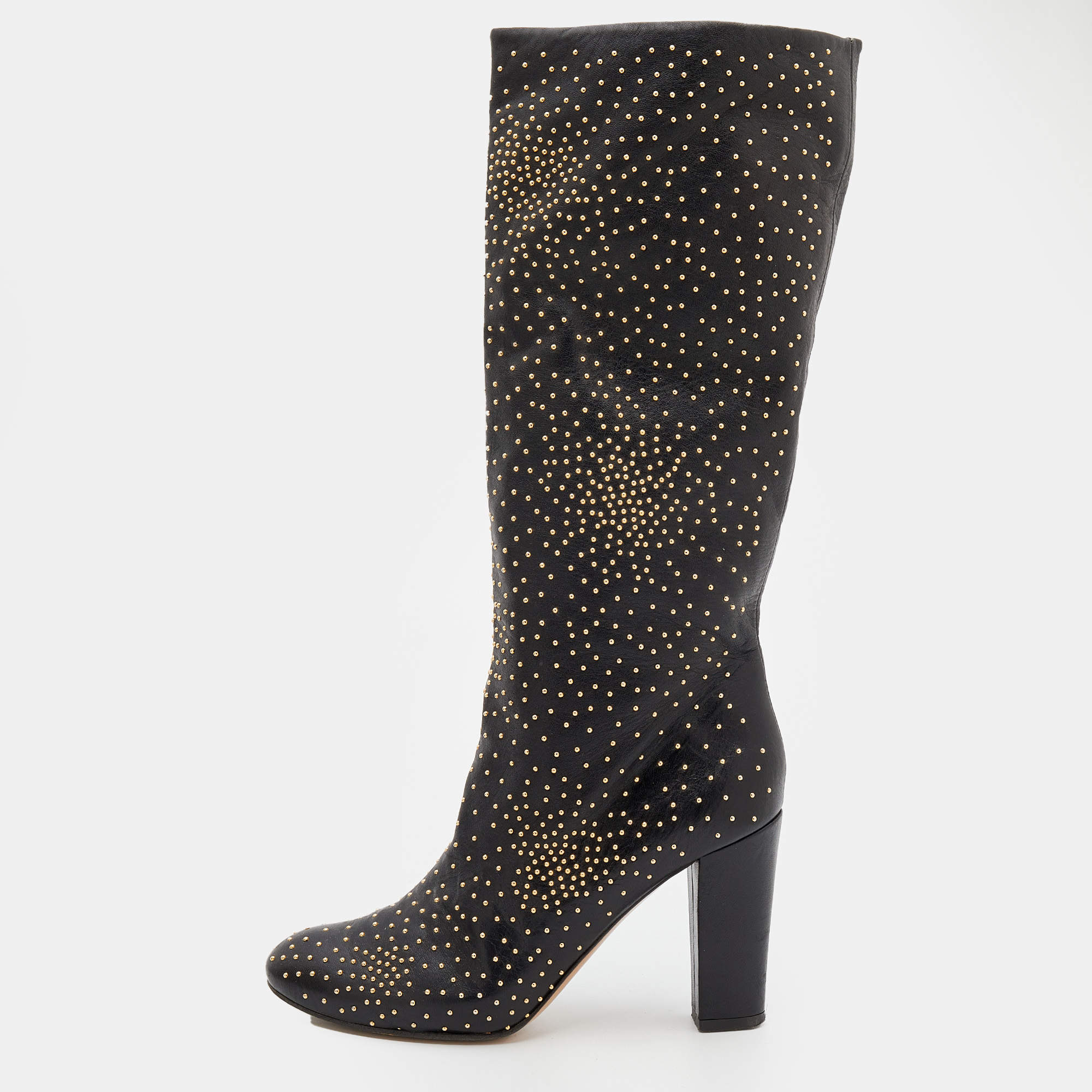 Pre Owned Chloe Black Leather Embellished Knee Length Boots Size 37