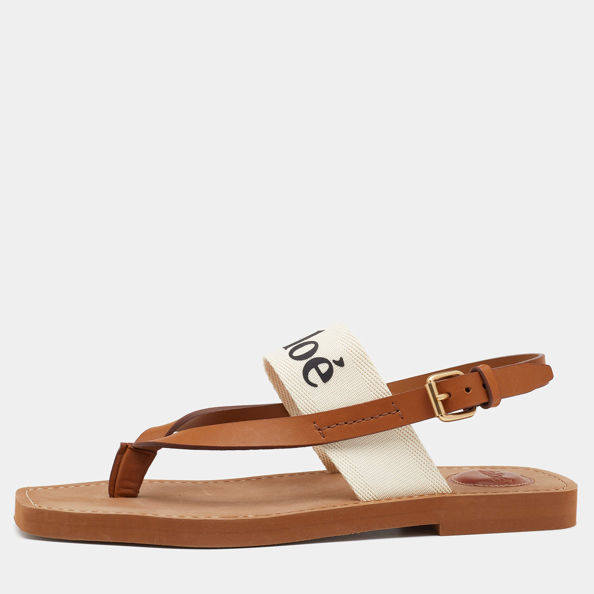 Pre Owned Chloe Brown Woody Thong Slingback Flat Sandals Size 39