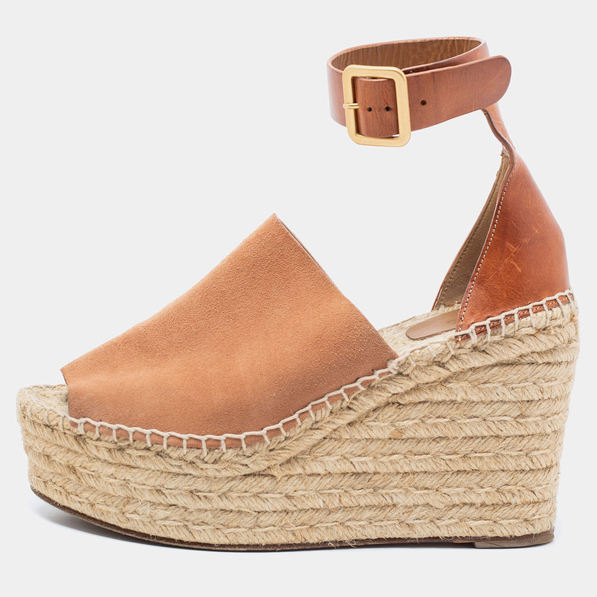 Pre Owned Chloe Tan Leather and Suede Peep-Toe Espadrille Platform Wedge Sandals Size 39