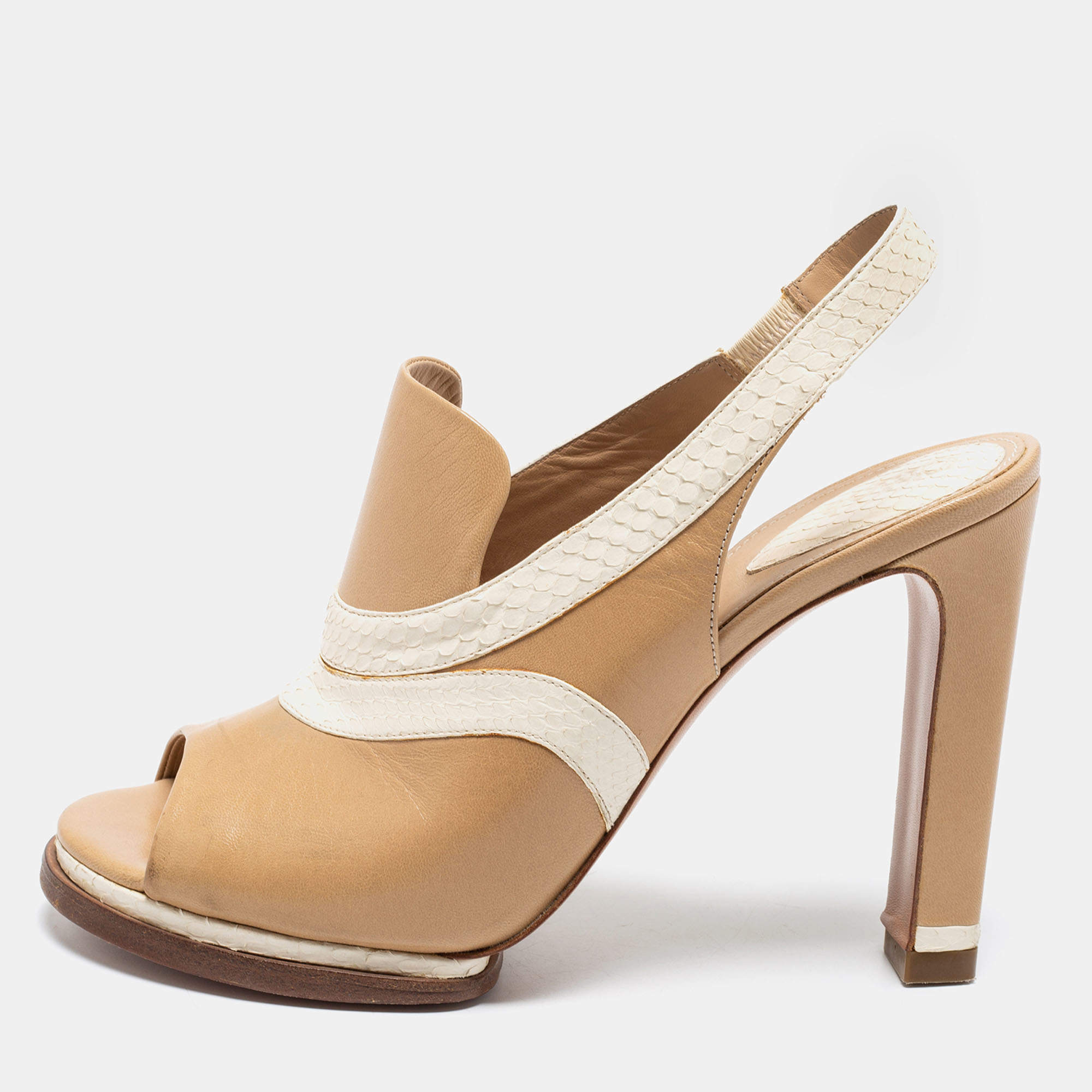 Chloe Beige/White Snakeskin Embossed And Leather Slingback Sandals Size 38.5