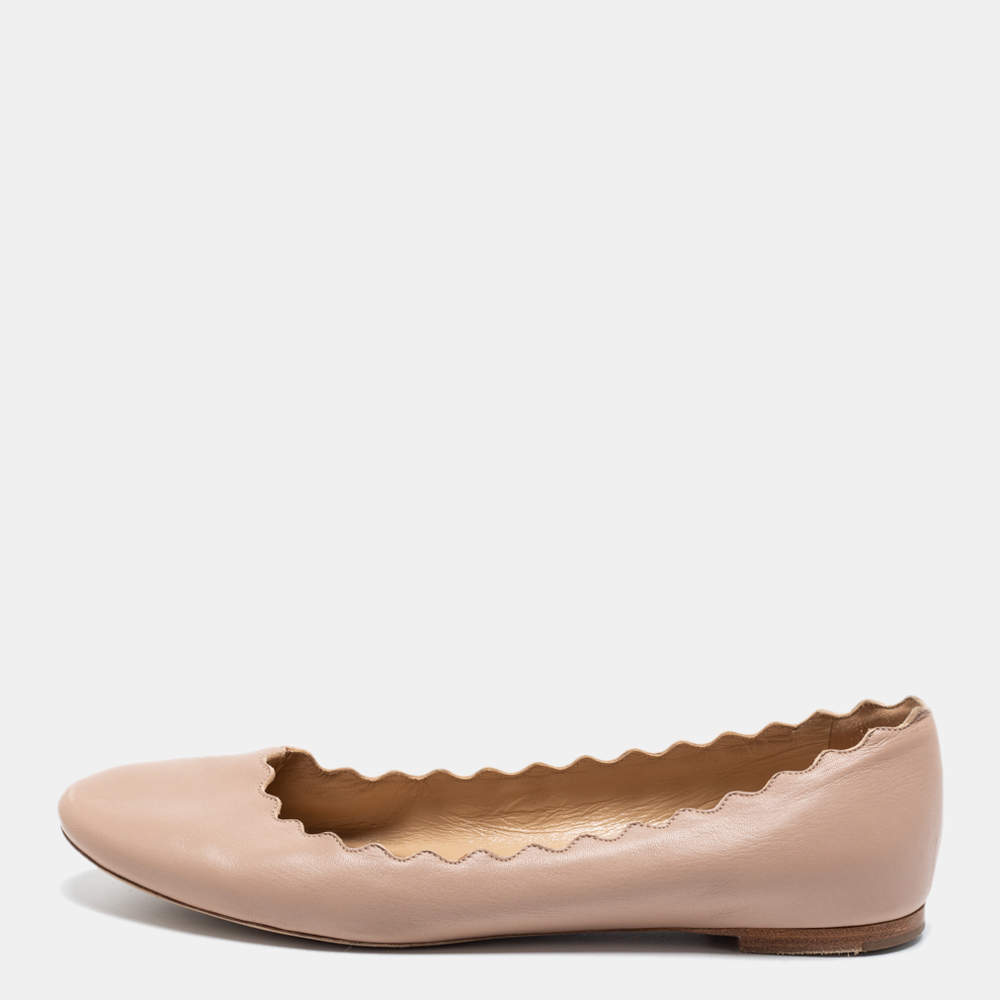 Pre Owned Chloé Beige Leather Lauren Scalloped Ballet Flats Size 40.5