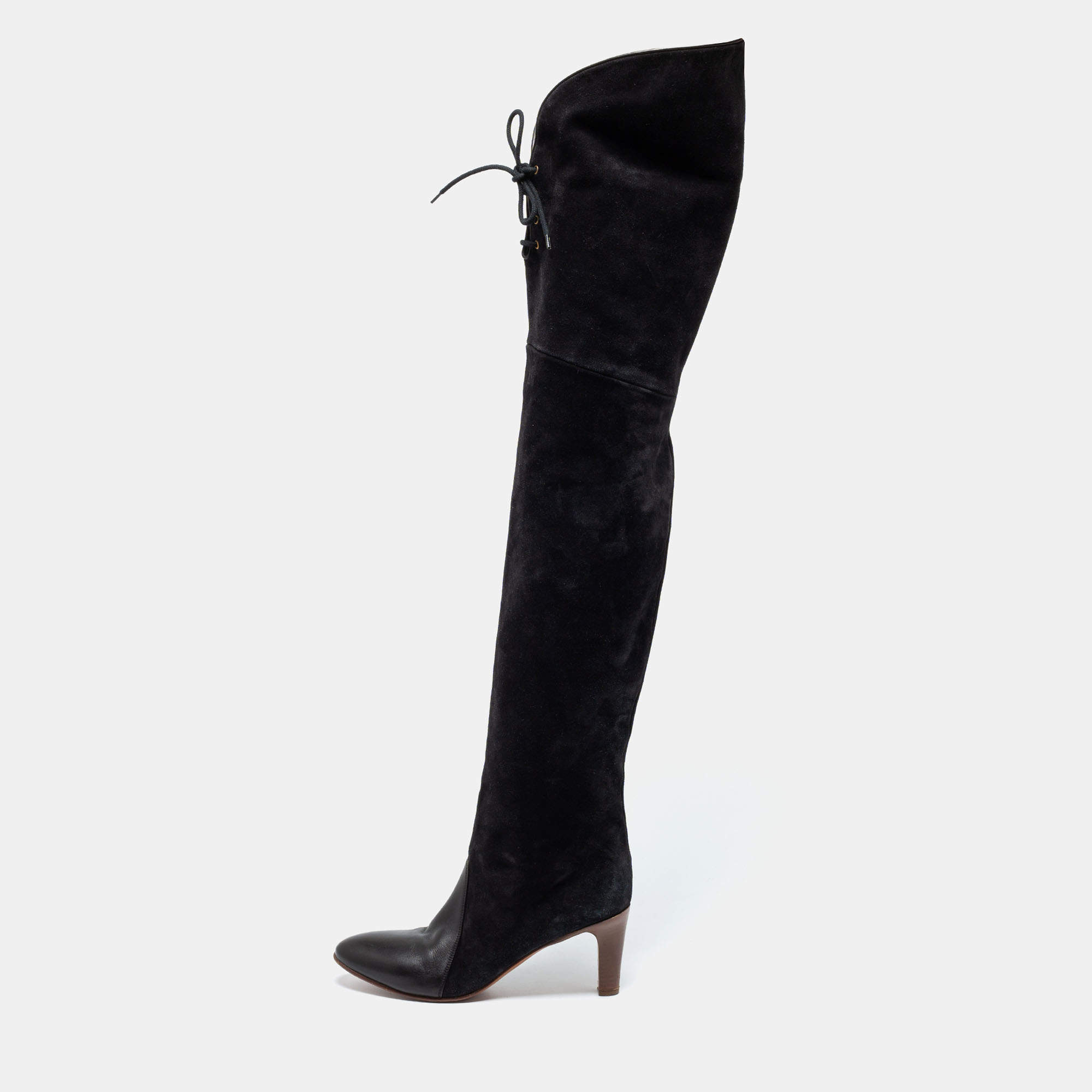 Pre Owned Chloe Black Suede And Leather Thigh Length Boots Size 39