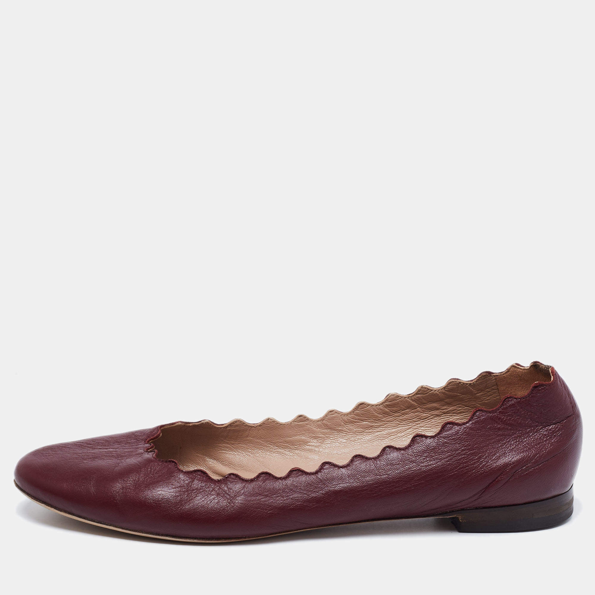 Pre Owned Chloe Burgundy Scalloped Leather Lauren Ballet Flats Size 41