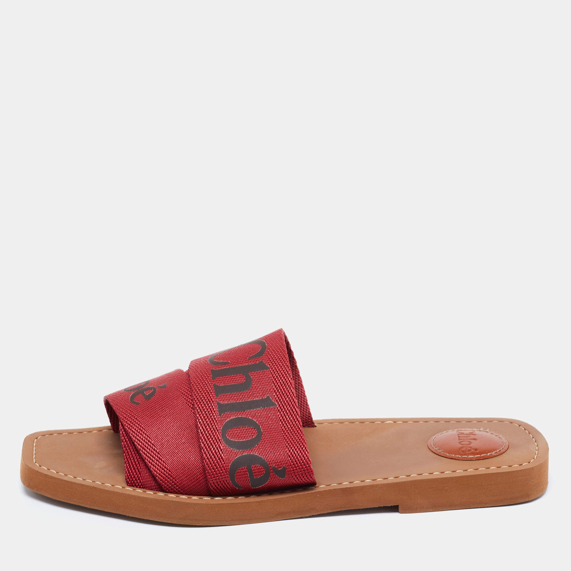Pre Owned Chloe Red Logo Canvas Woody Flat Slides Size 40