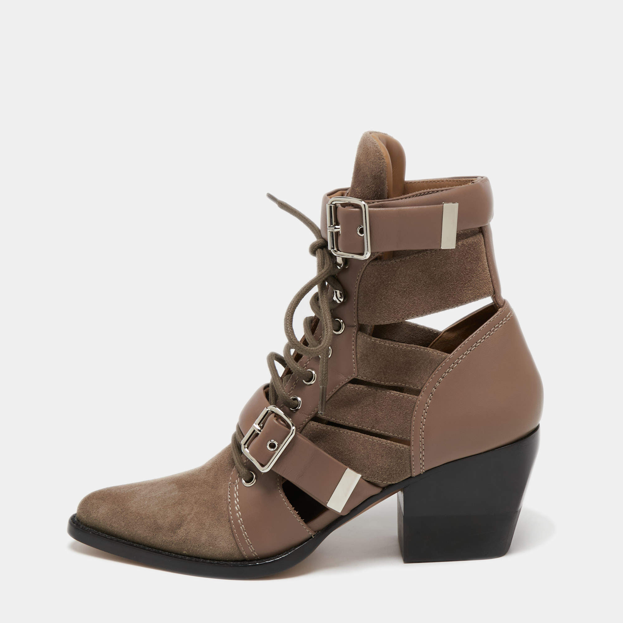 Pre Owned Chloé Rylee Brown Suede And Leather Buckled Ankle Boots Size 40