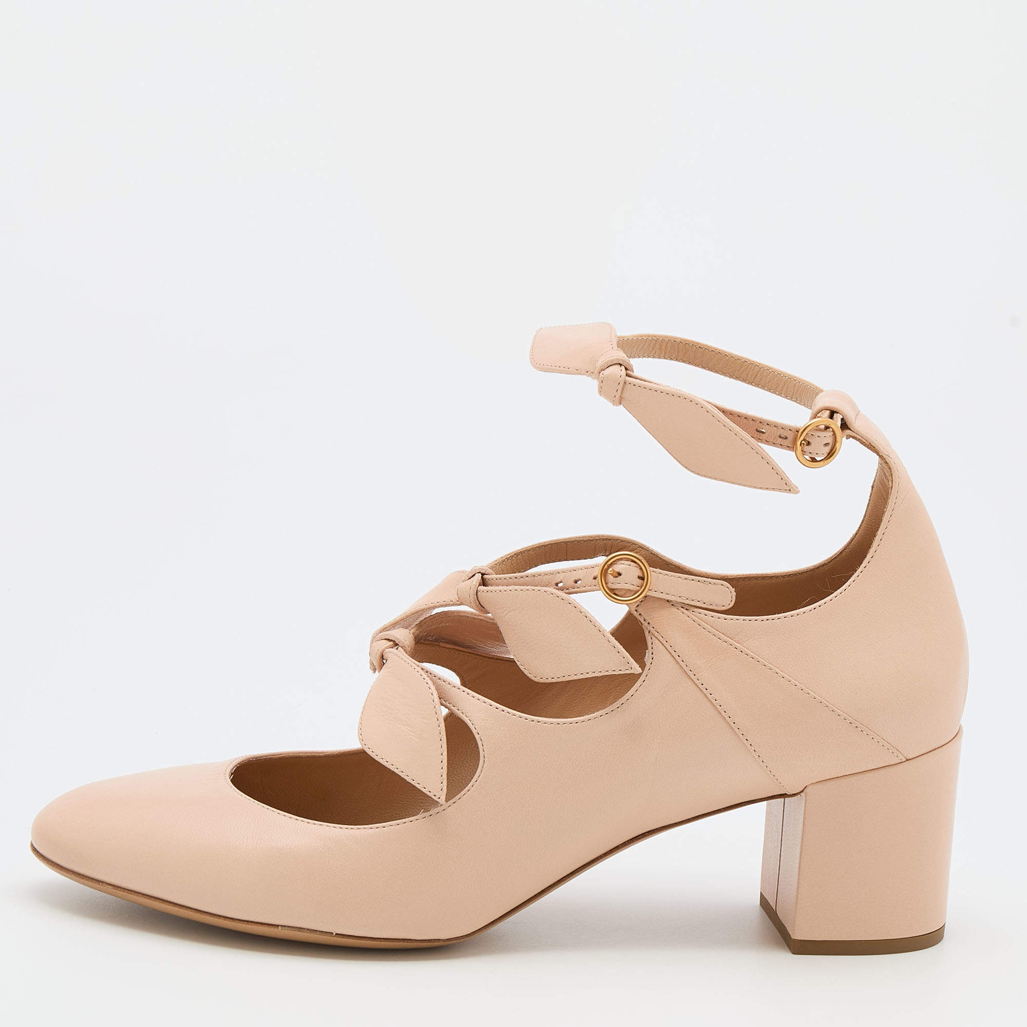 Pre Owned Chloe Beige Leather Three Bows Mike Ankle Strap Pumps Size 38