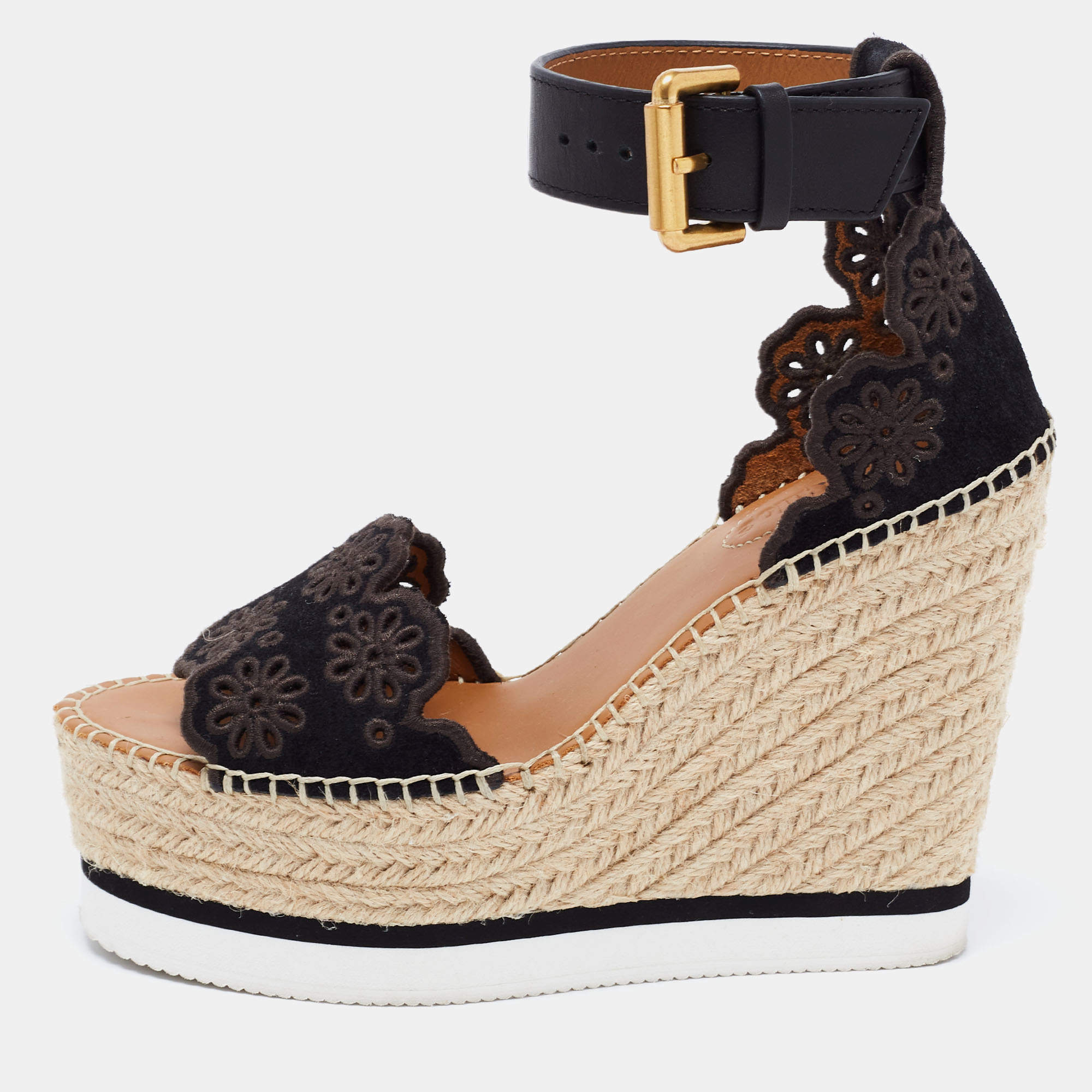 Pre Owned See by Chloe Black Suede Floral Laser-Cut Platform Wedge Espadrille Sandals Size 35