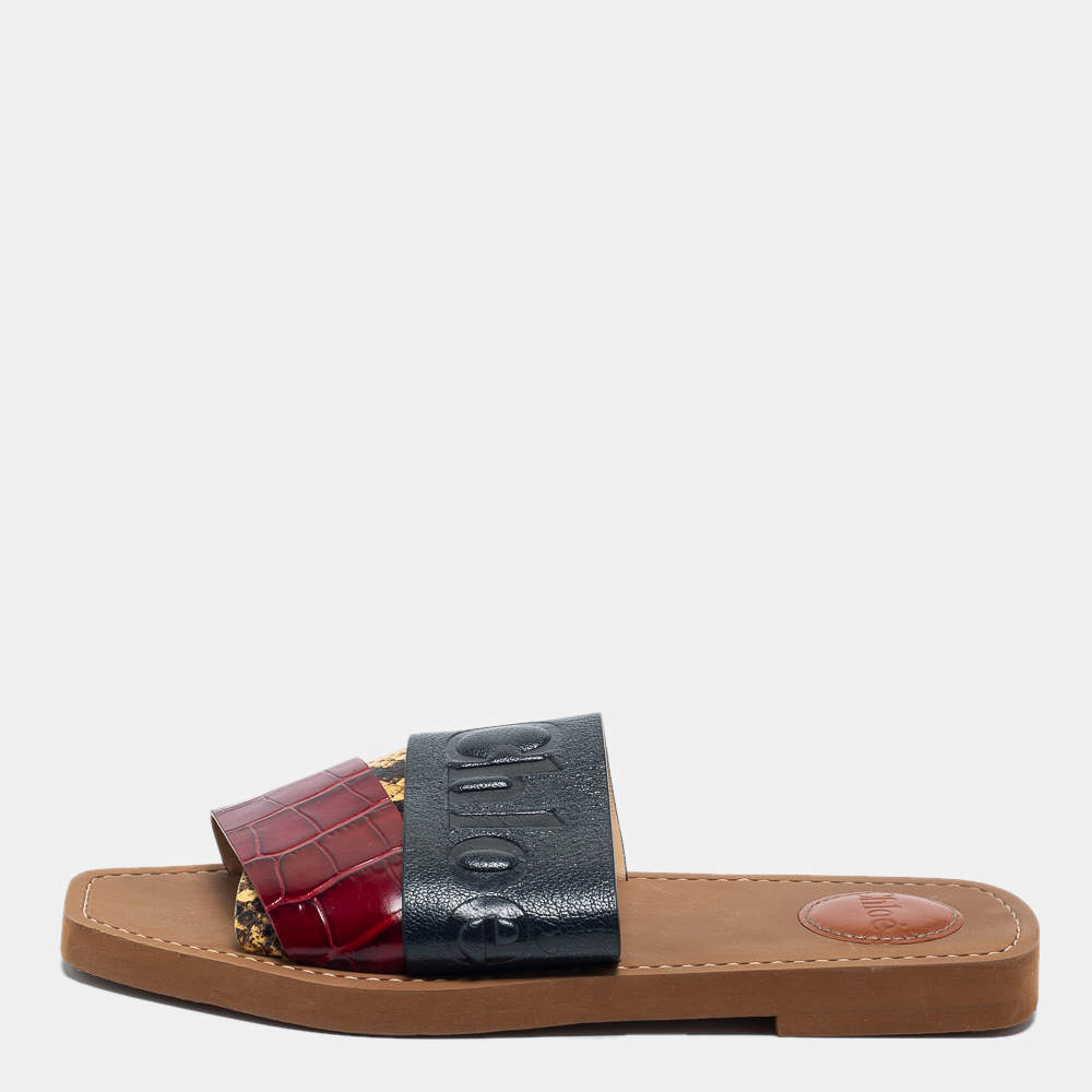 Pre Owned Chloe Multicolor Python Embossed and Croc Embossed Leather Flat Slides Size 37