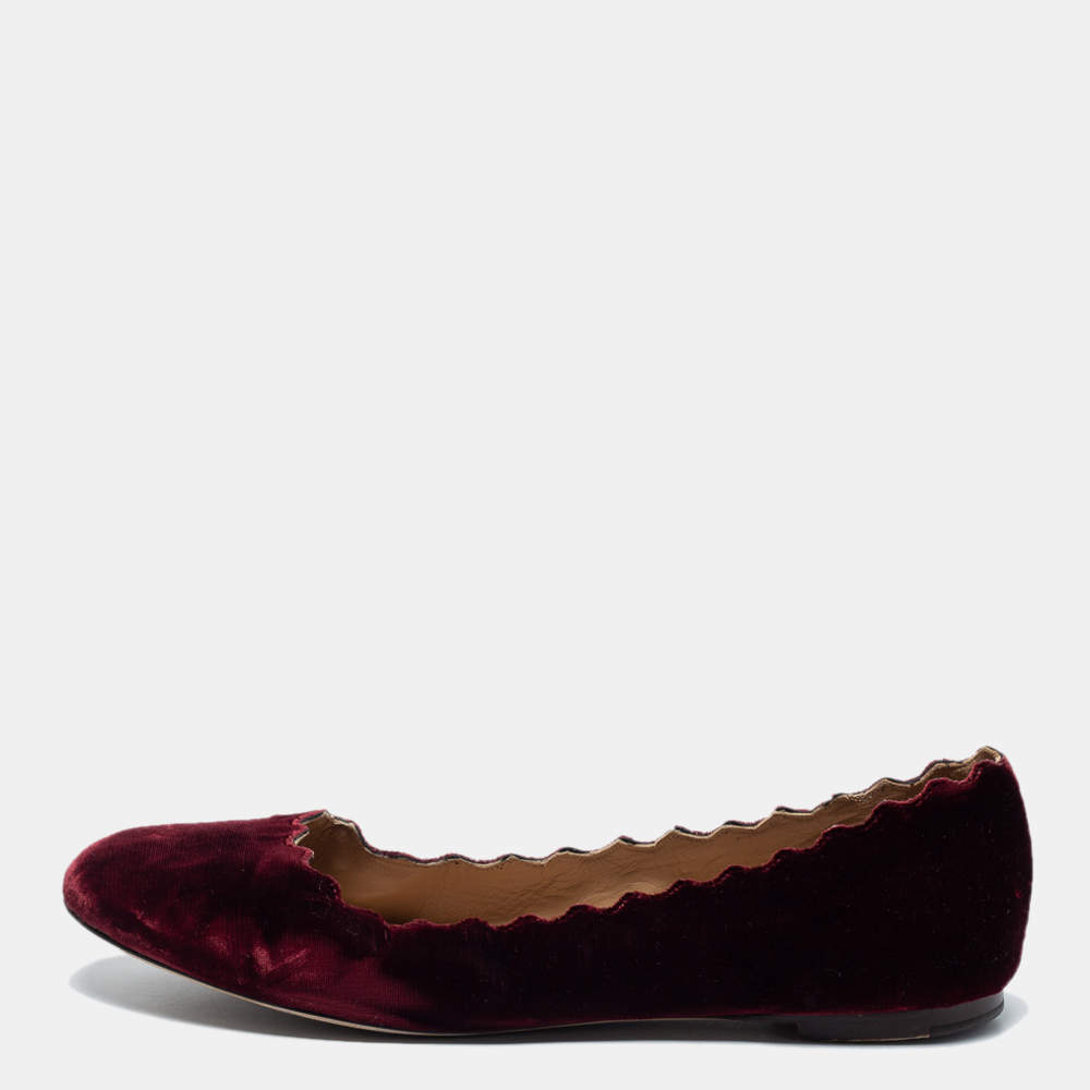 Pre Owned Chloe Burgundy Velvet Scalloped Edge Ballerina Ballet Flats Size 41