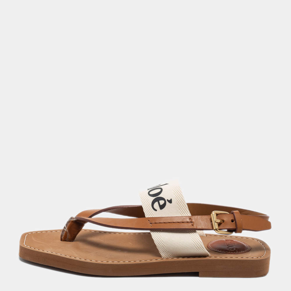 Pre Owned Chloe Brown/Off White Leather and Logo Canvas Woody Flat Thong Sandals Size 36
