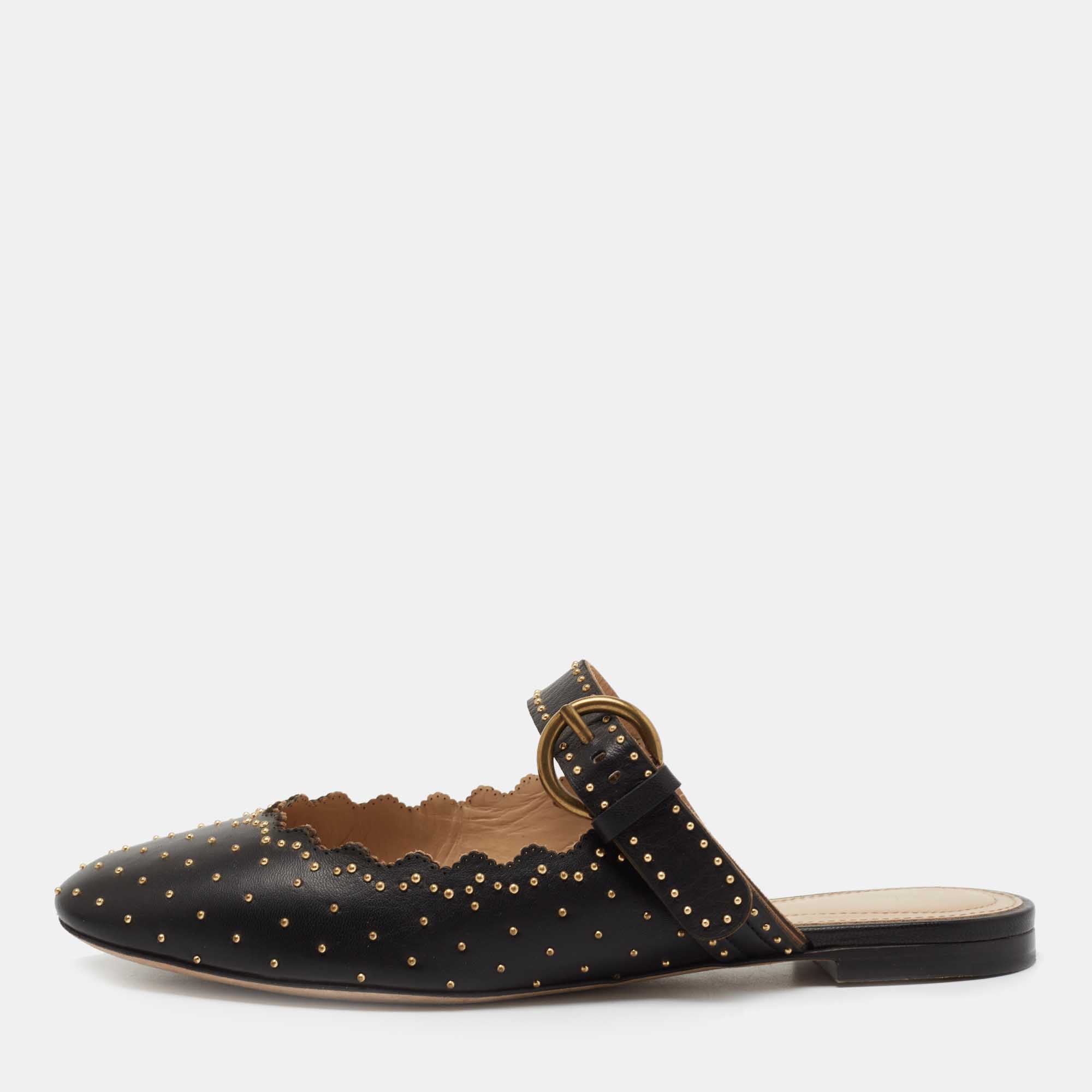Pre Owned Chloe Black Studded Leather Round Toe Flat Mules Size 36