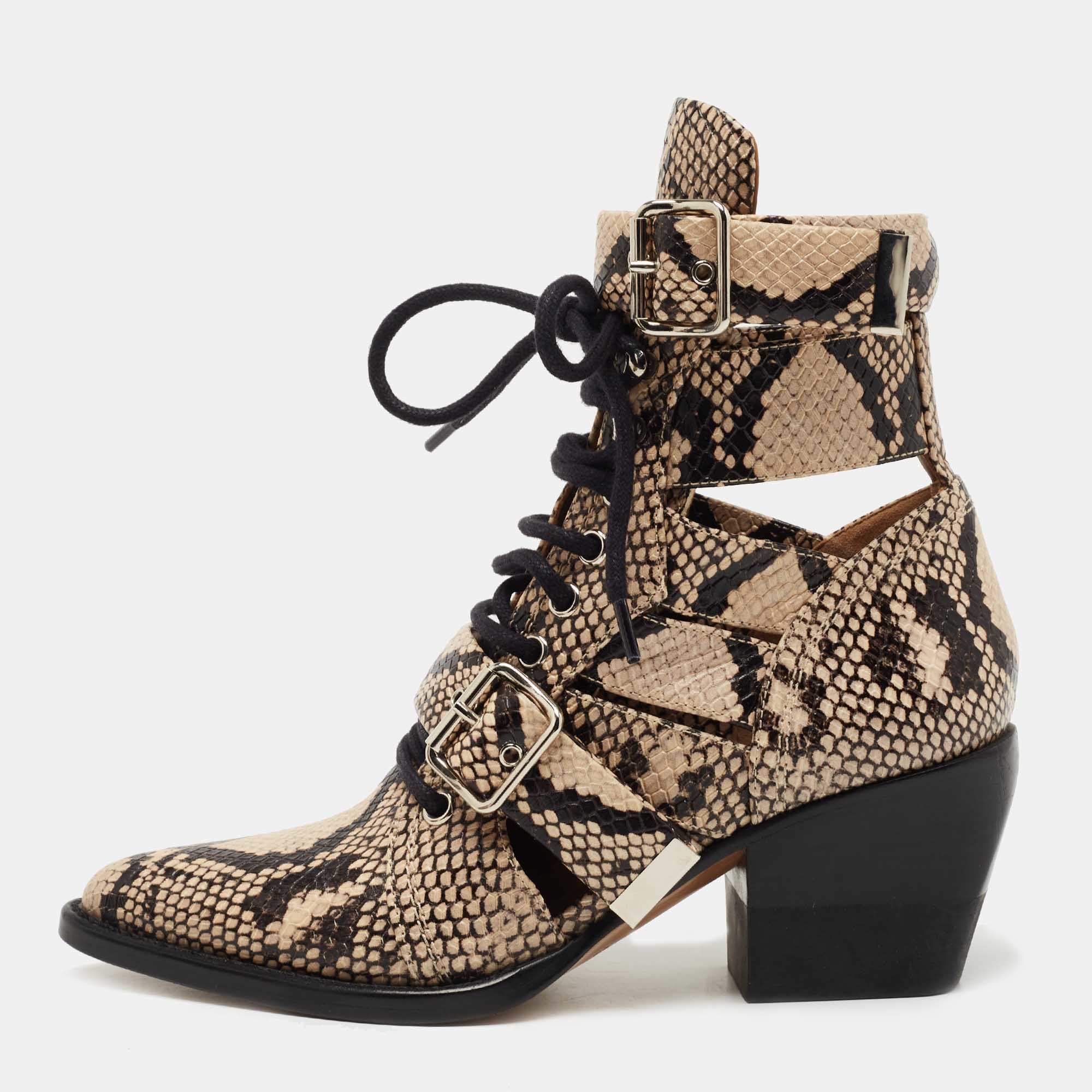 Chloe Brown/Black Python Embossed Leather Rylee Ankle Boots Size 36