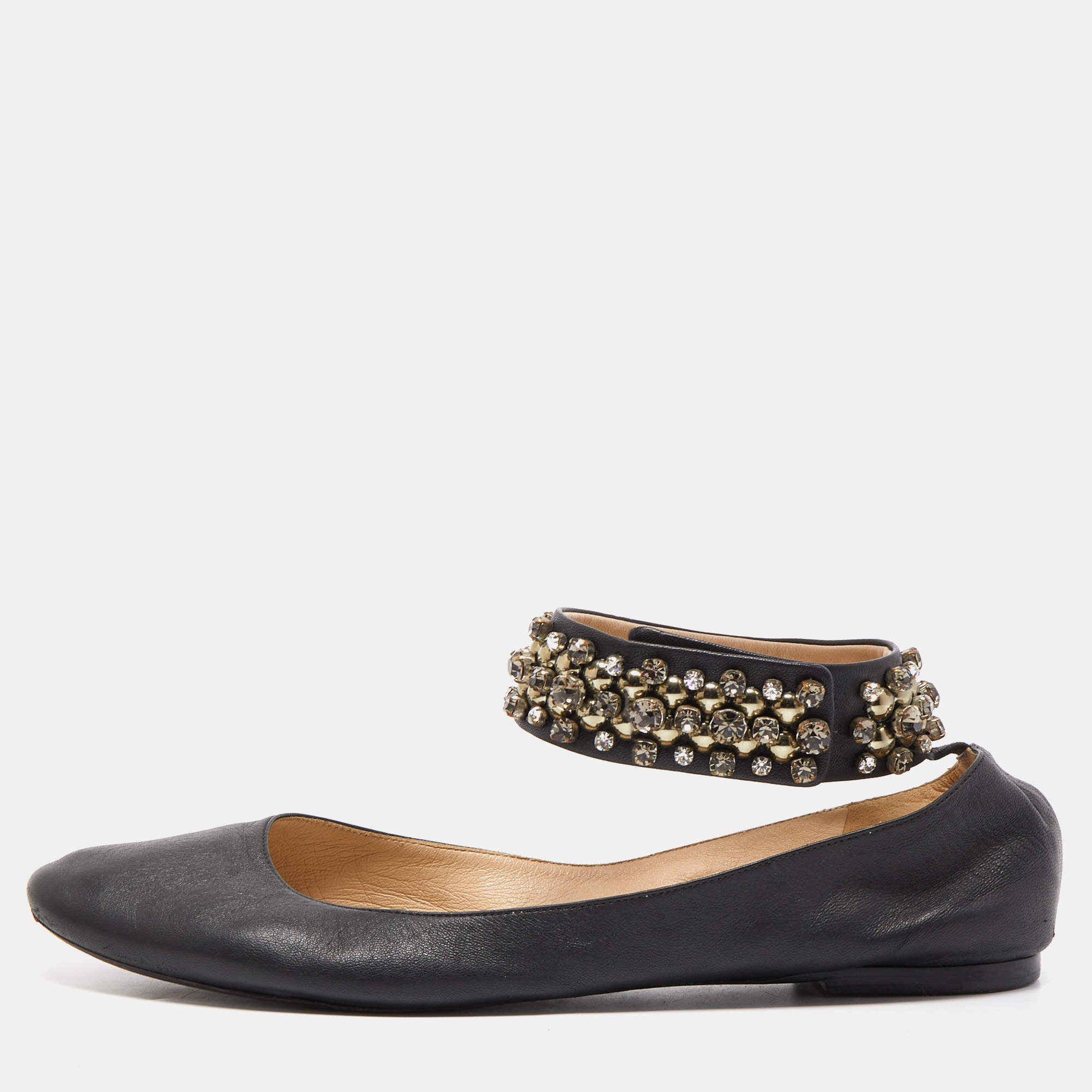 Pre Owned Chloe Black Leather Crystal Embellished Ankle Cuff Ballet Flats Size 40