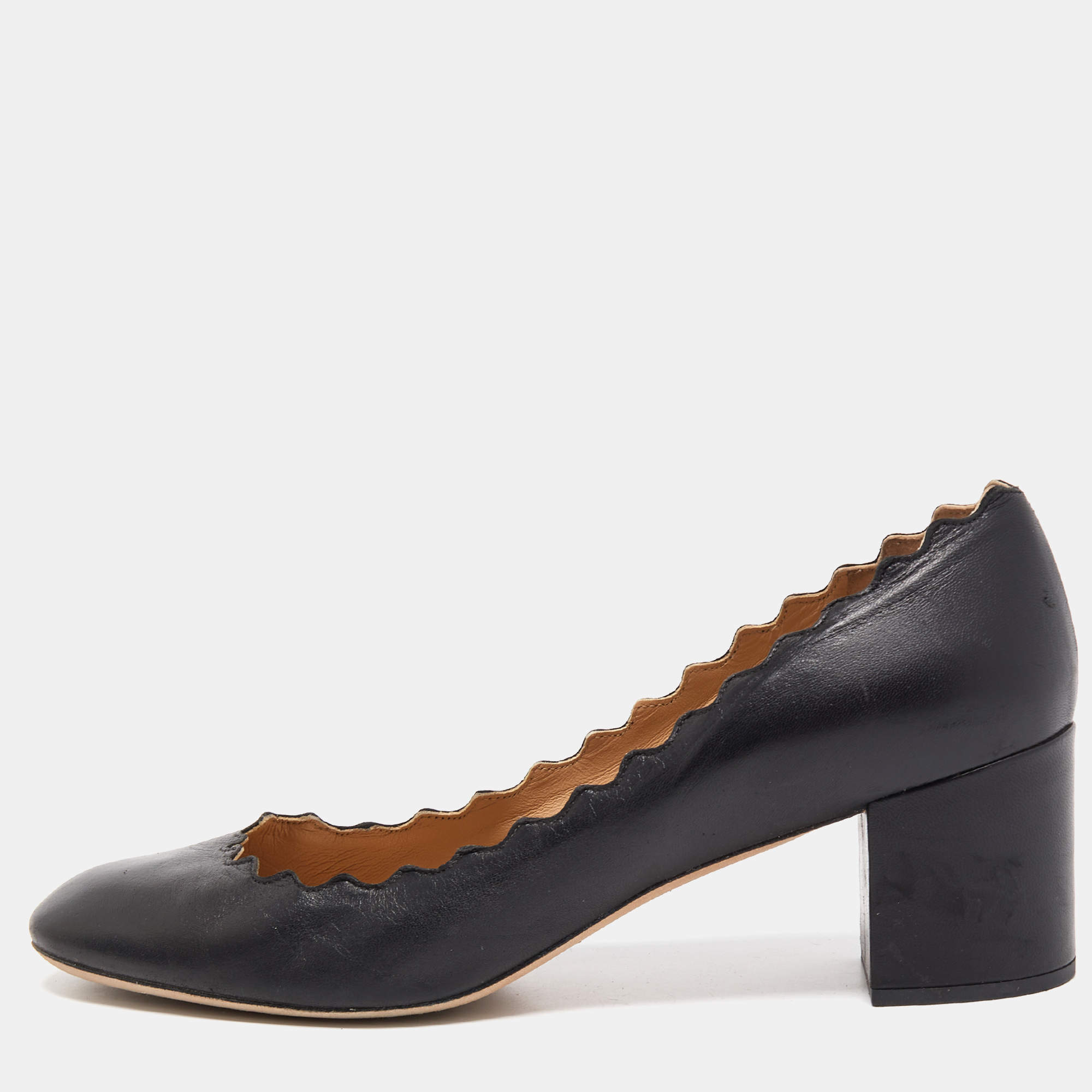Pre Owned Chloe Black Scalloped Leather Lauren Pumps Size 39.5