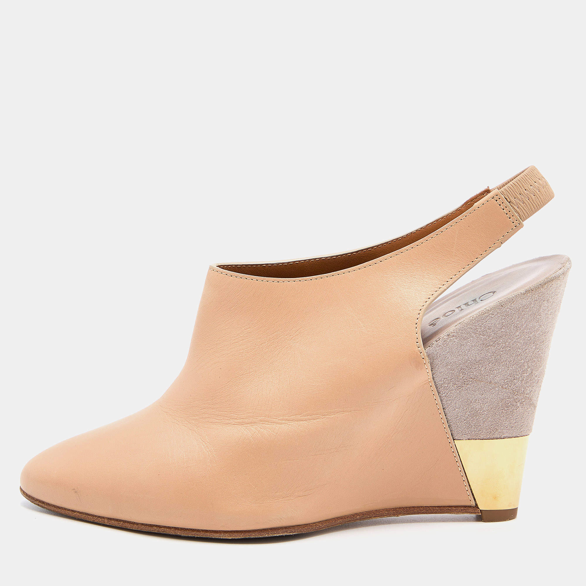 Chloe Beige Leather Wedge Slingback Pumps Size 37