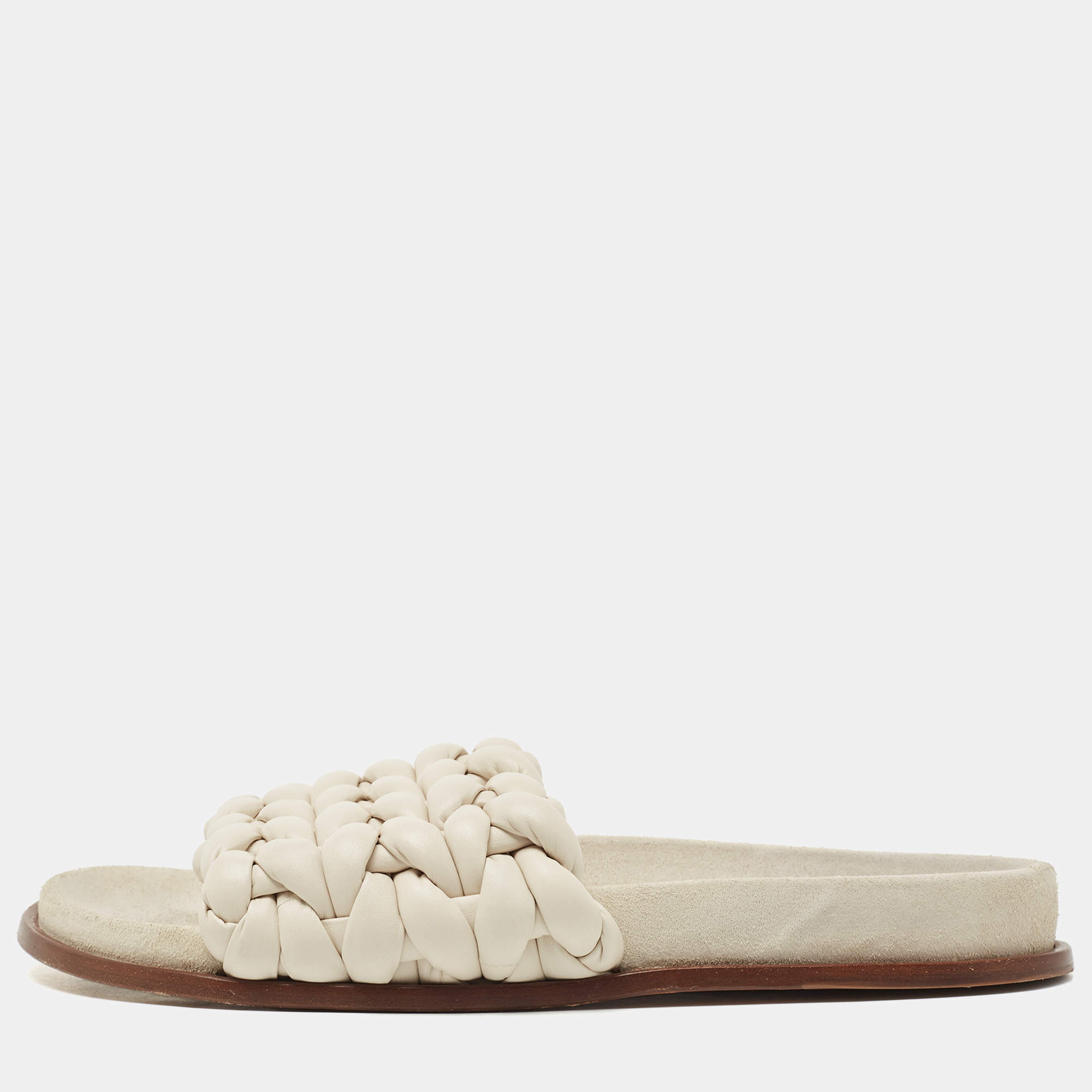 Pre Owned Chloe White Woven Leather Kacey Flat Slides Size 40