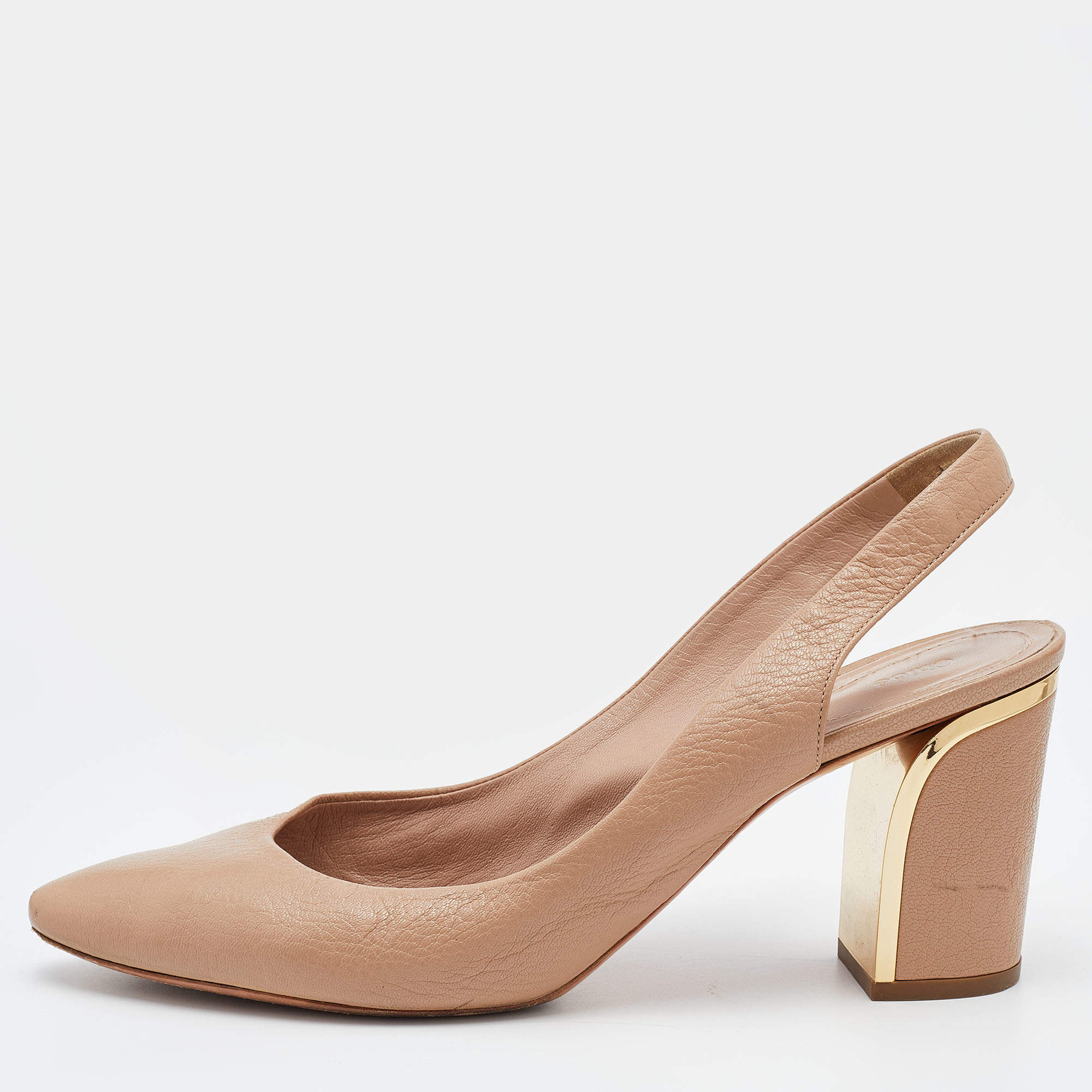 Chloe Beige Leather Block Heel Slingback Sandals Size 40