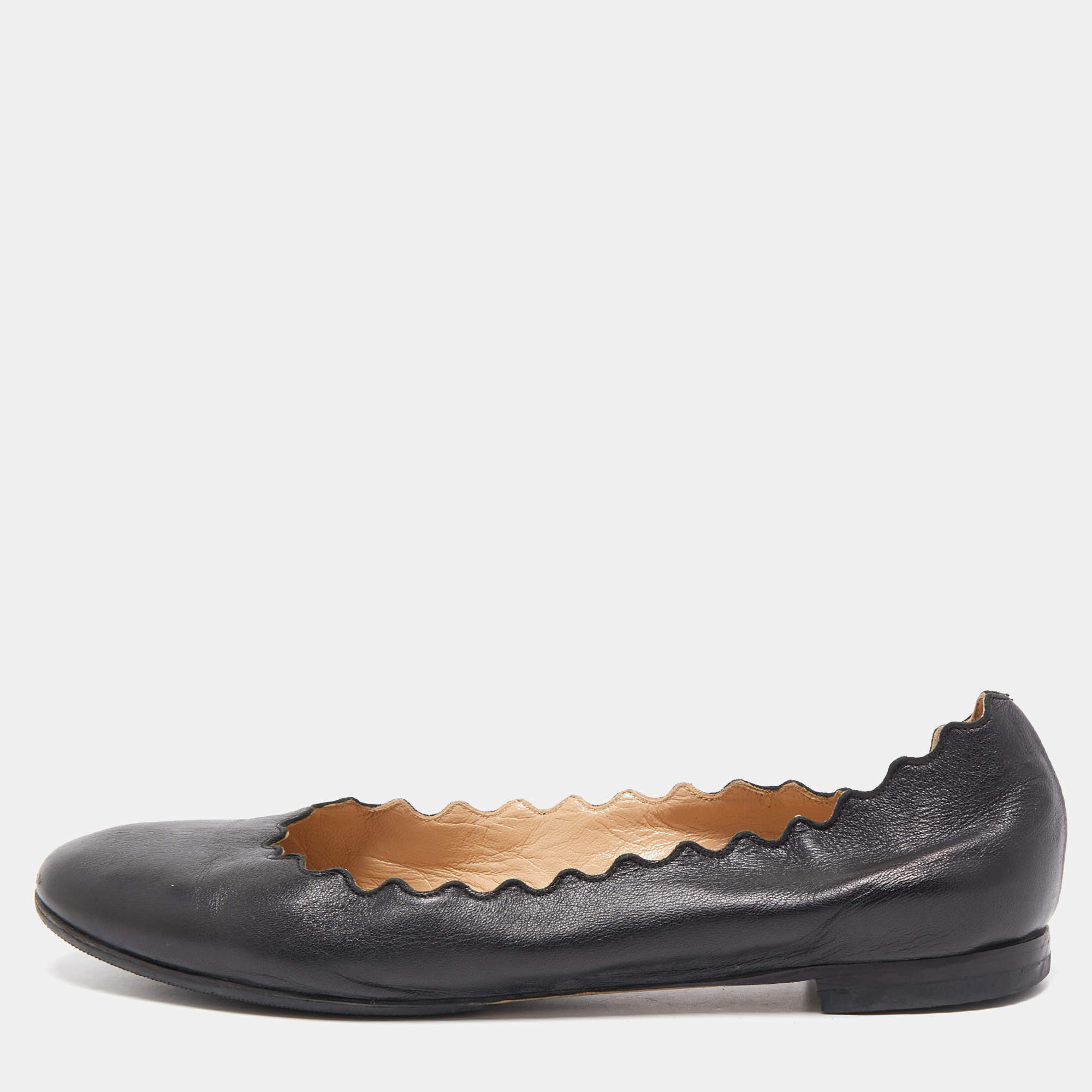 Pre Owned Chloe Black Scalloped Leather Lauren Ballet Flats Size 38