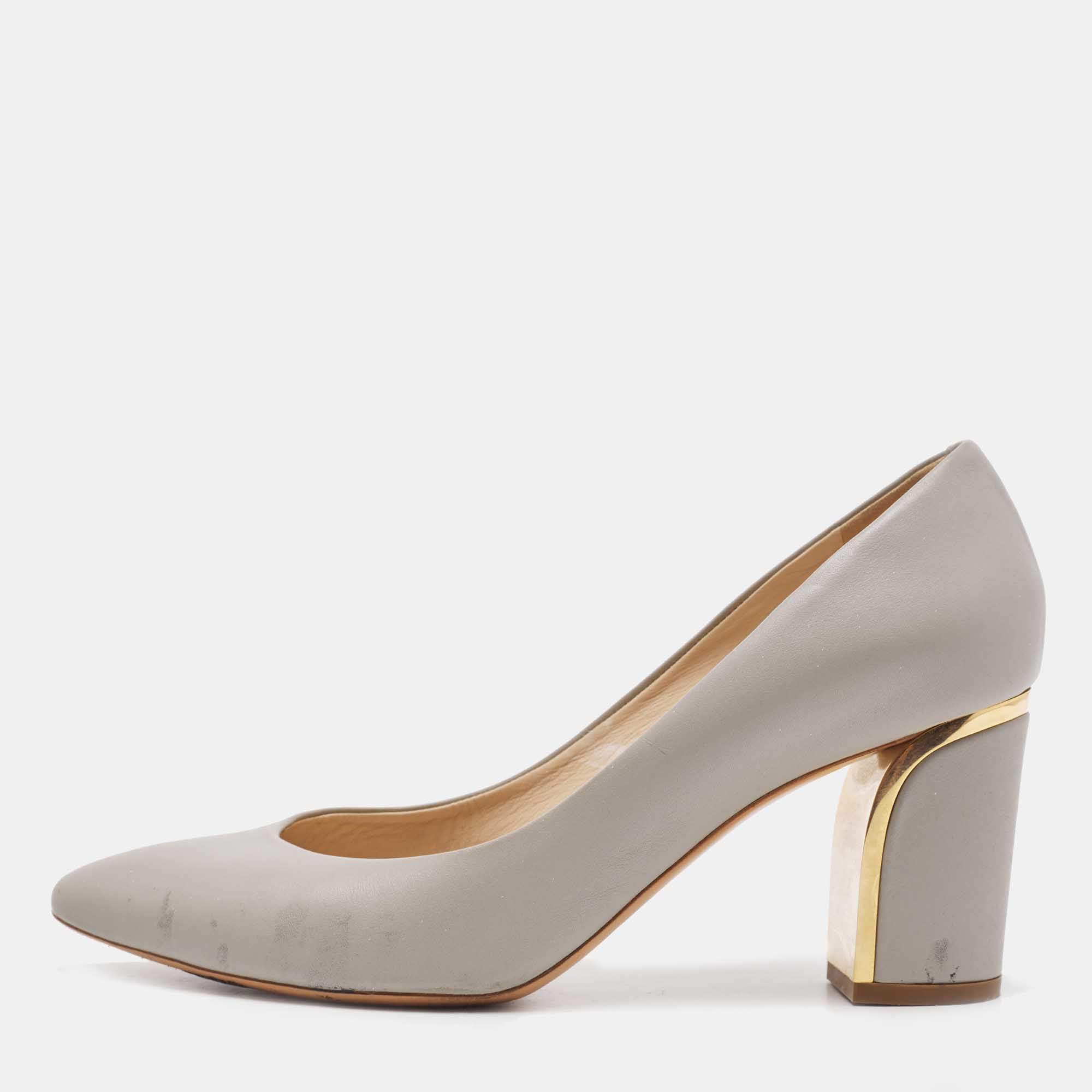 Pre Owned Chloe Grey Leather Block Heel Pumps Size 39.5