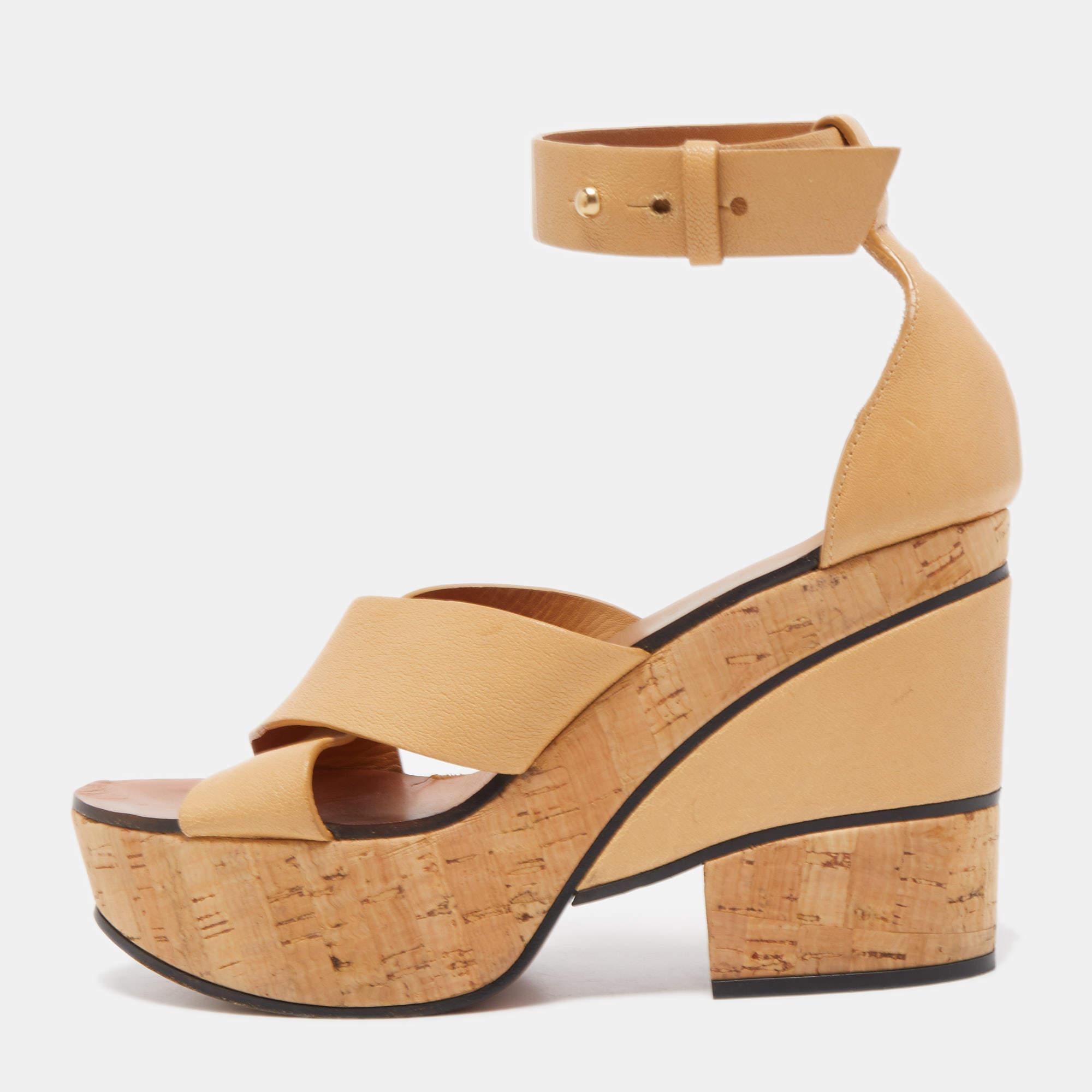 Pre Owned Chloe Tan Leather Cork Platform Ankle Strap Sandals Size 36