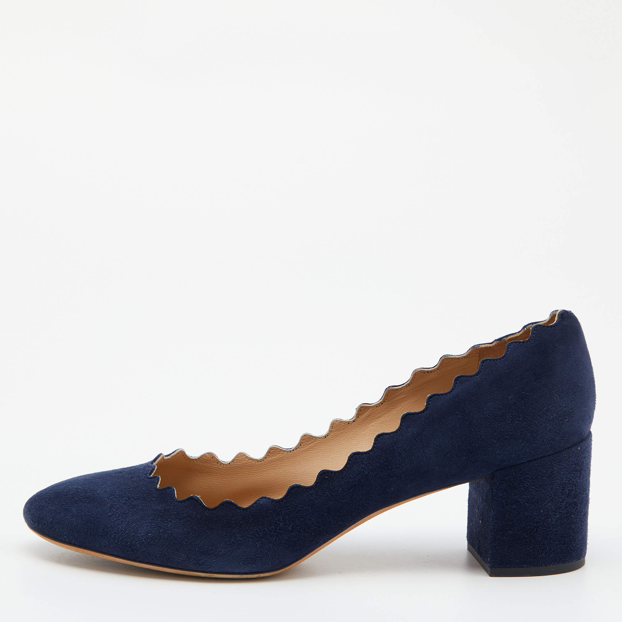 Pre Owned  Chloe Blue Suede Laurena Scalloped Block Heel Pumps Size 39