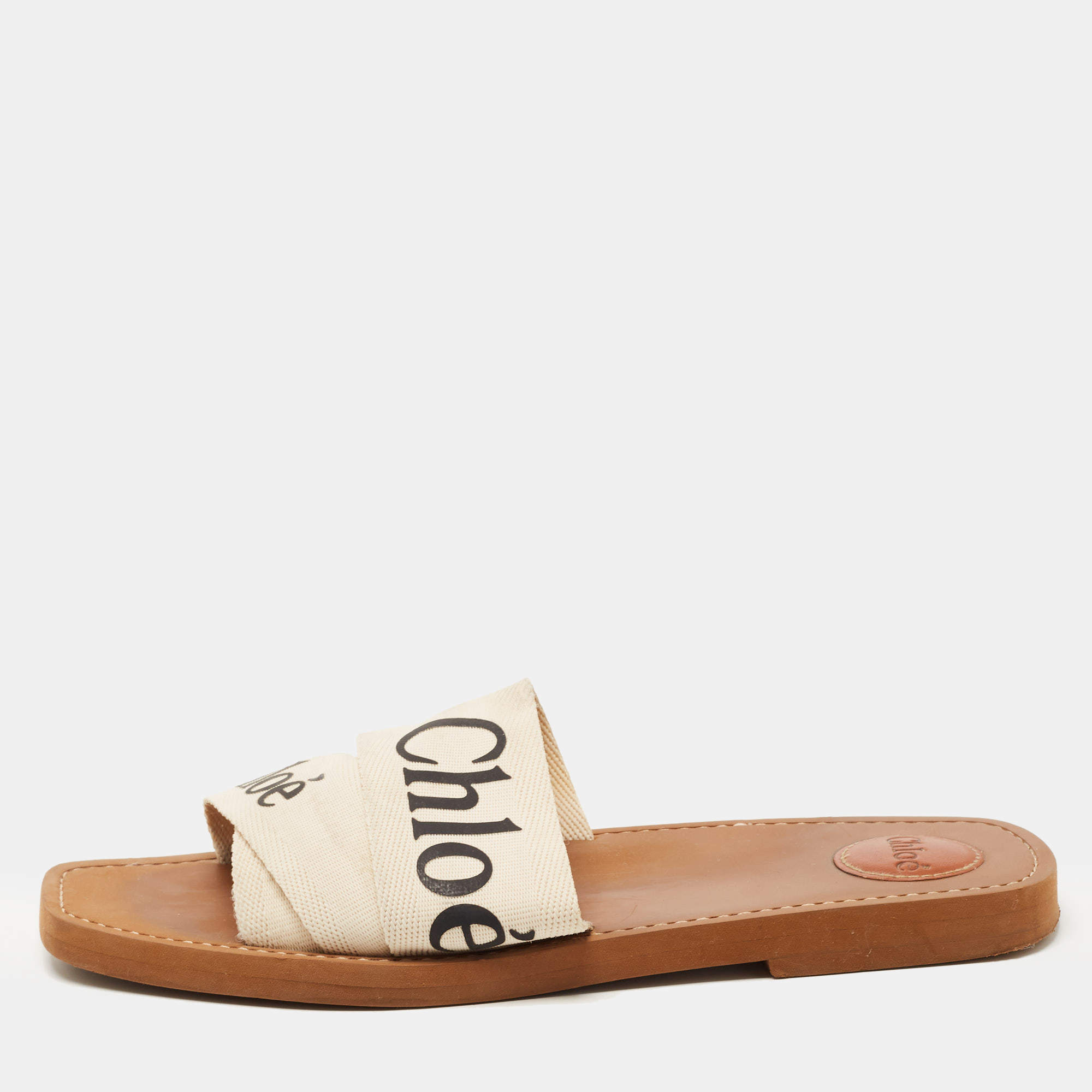 Pre Owned Chloe Beige Canvas Logo Ribbon Woody Flat Slides Size 42