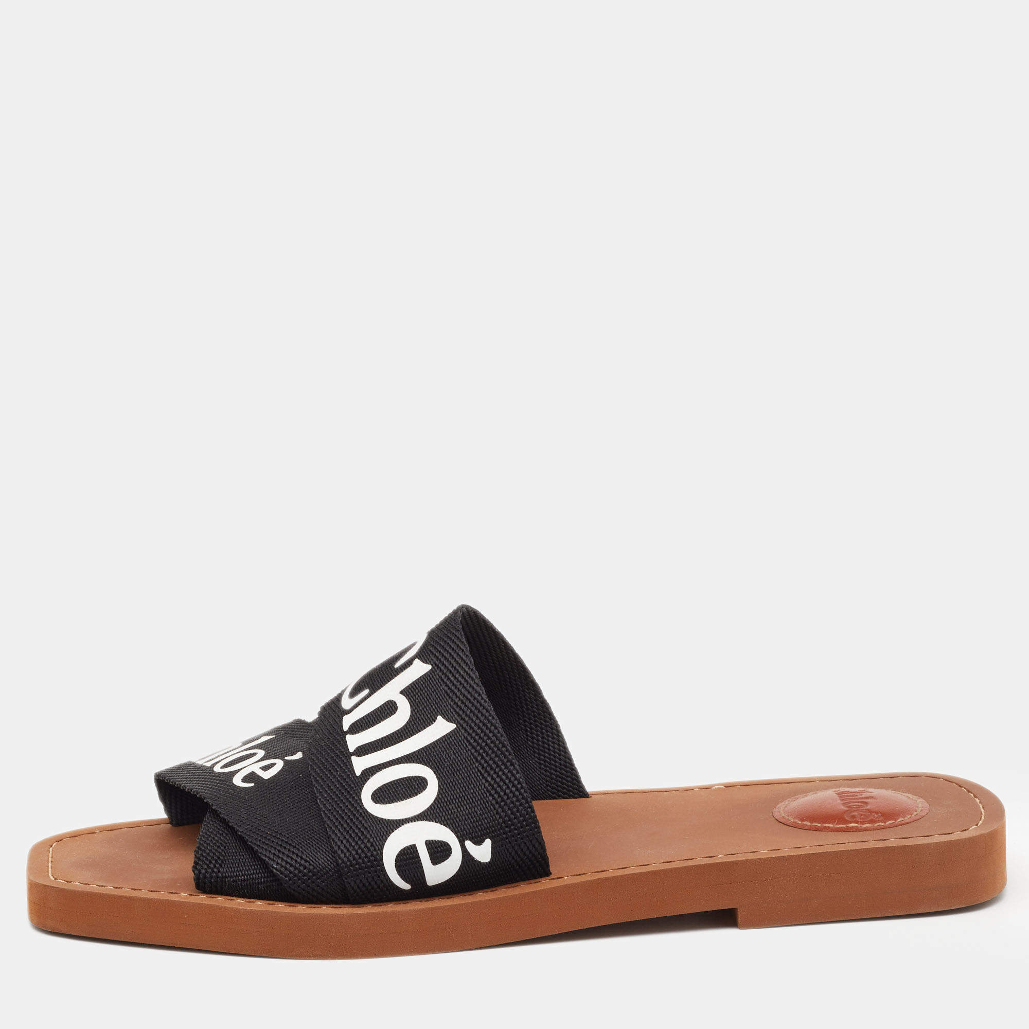 Pre Owned Chloe Black Canvas Embroidered Logo Woody Flat Slides Size 39