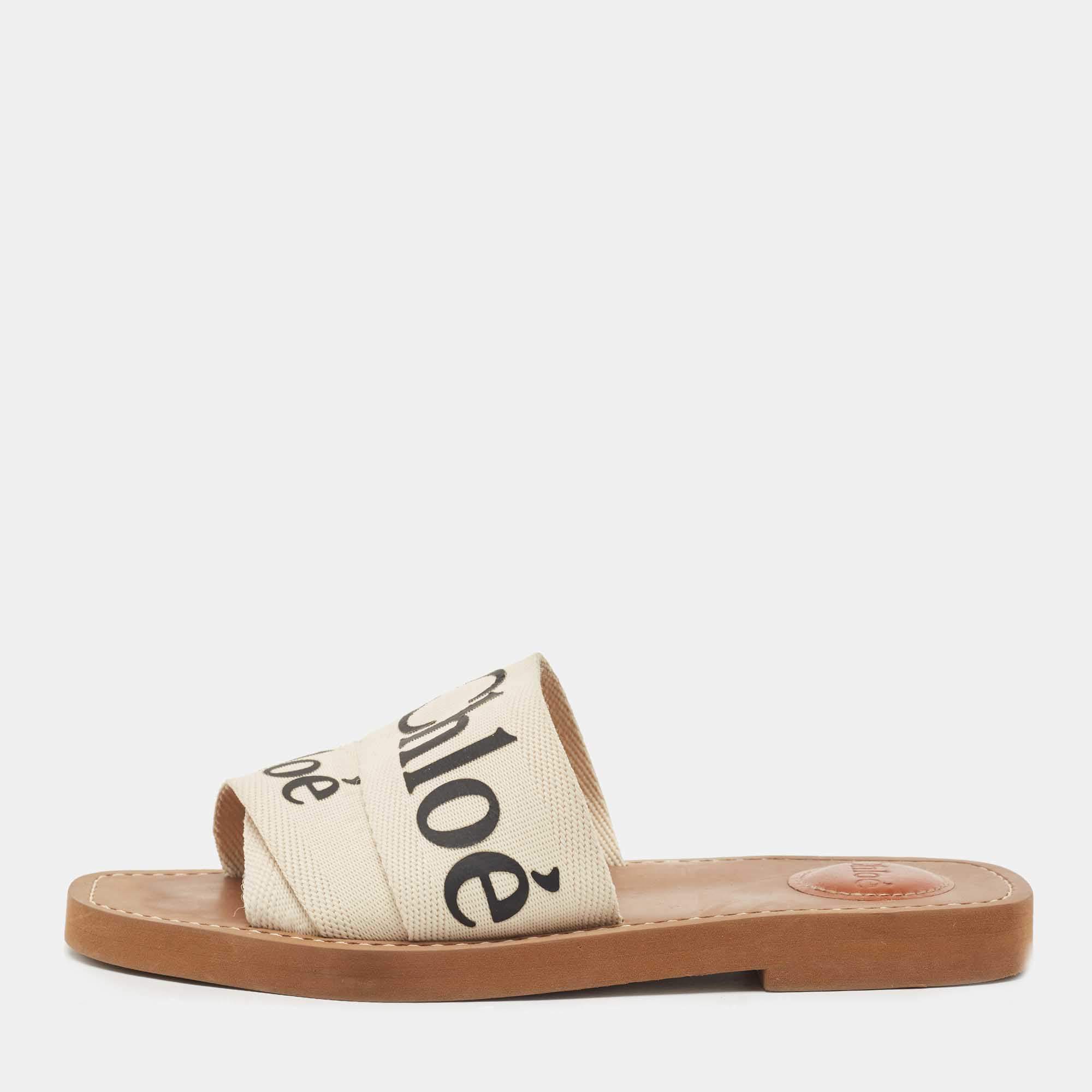Pre Owned Chloé Off White Logo Canvas Woody Flat Slides Size 36