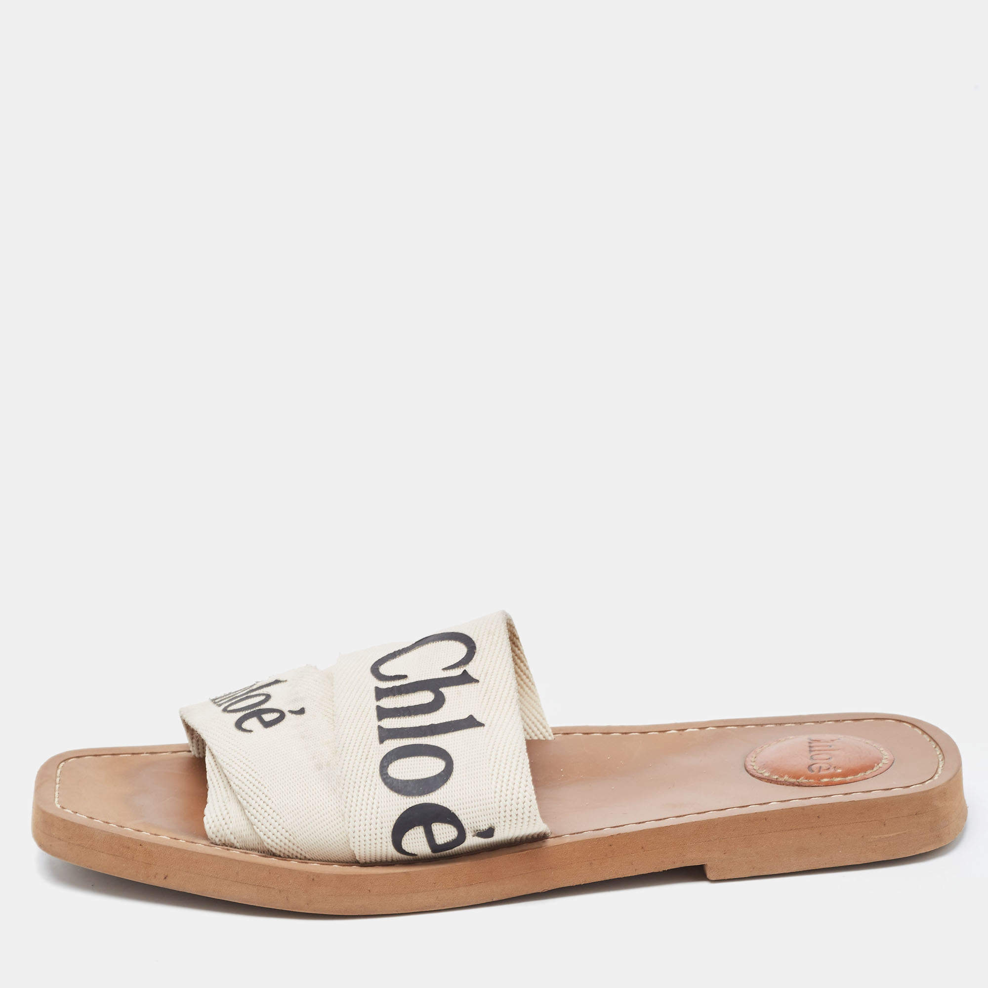 Chloe White Logo Canvas Woody Flat Slides Size 39
