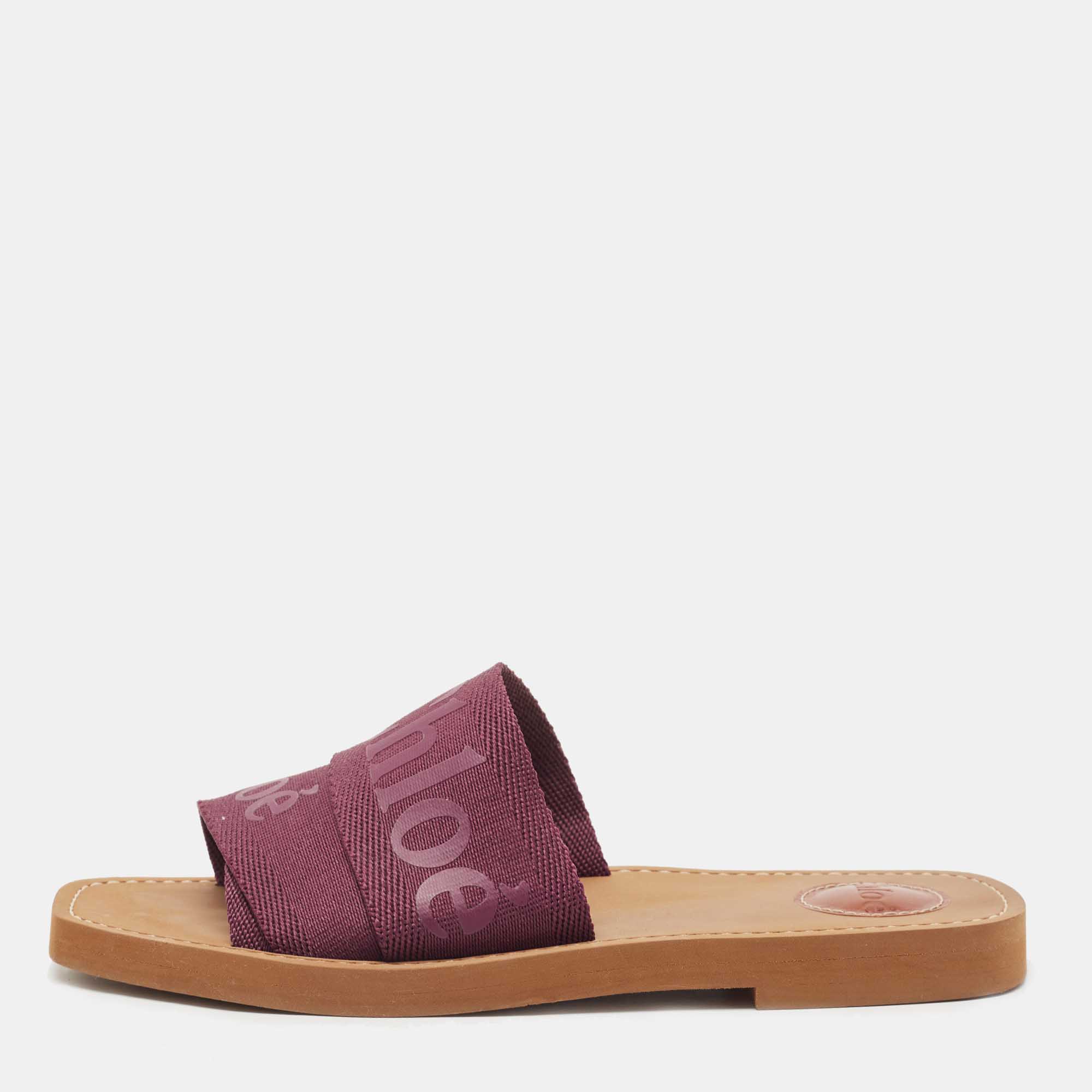 Pre Owned Chloe Burgundy Logo Canvas Woody Flat Slides Size 38