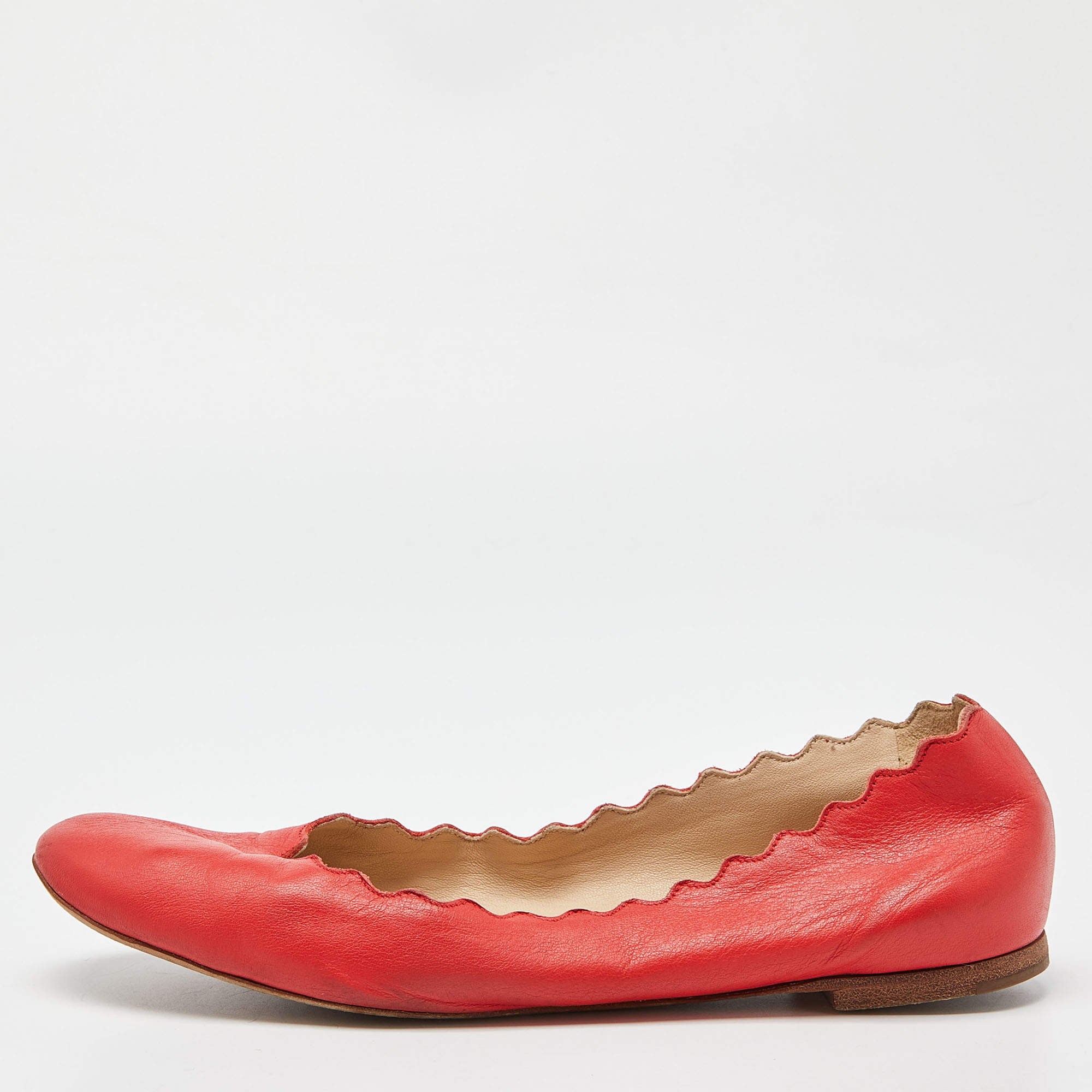 Pre Owned Chloé Red Leather Lauren Scalloped Ballet Flats Size 38