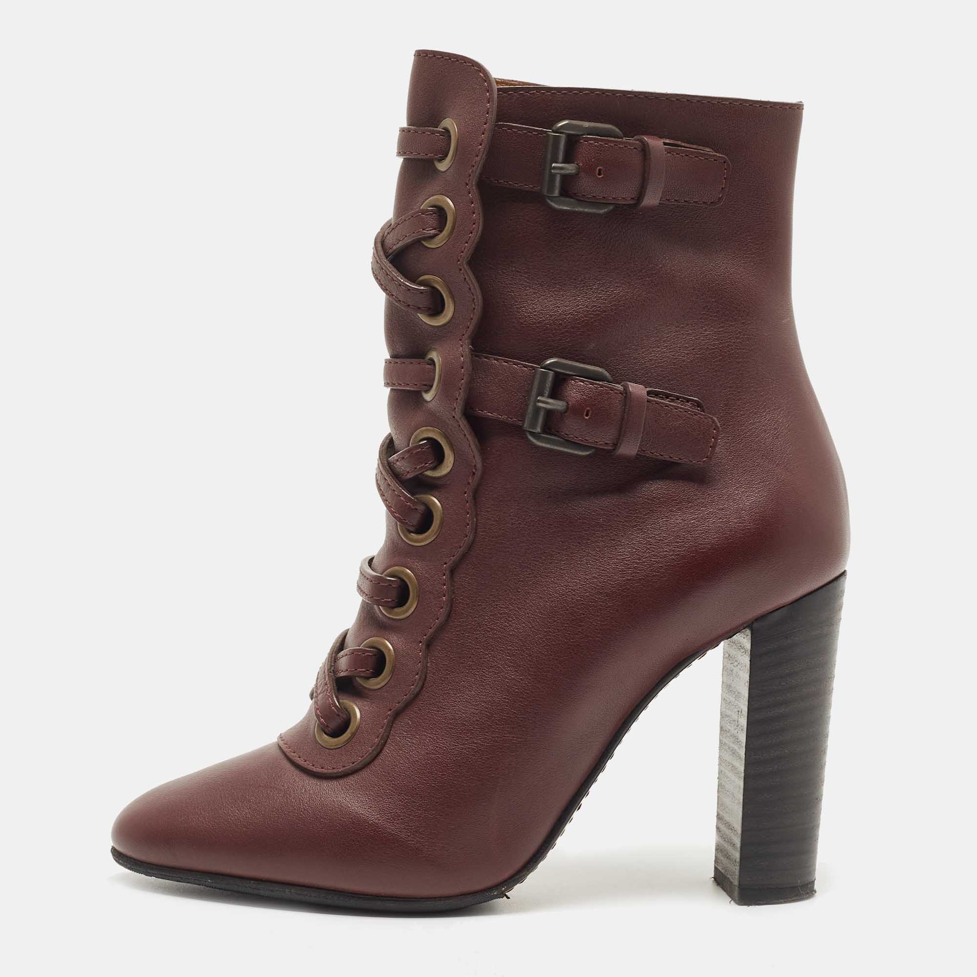 Pre Owned Chloe Burgundy Leather Buckle Detail Lace Up Ankle Booties Size 36