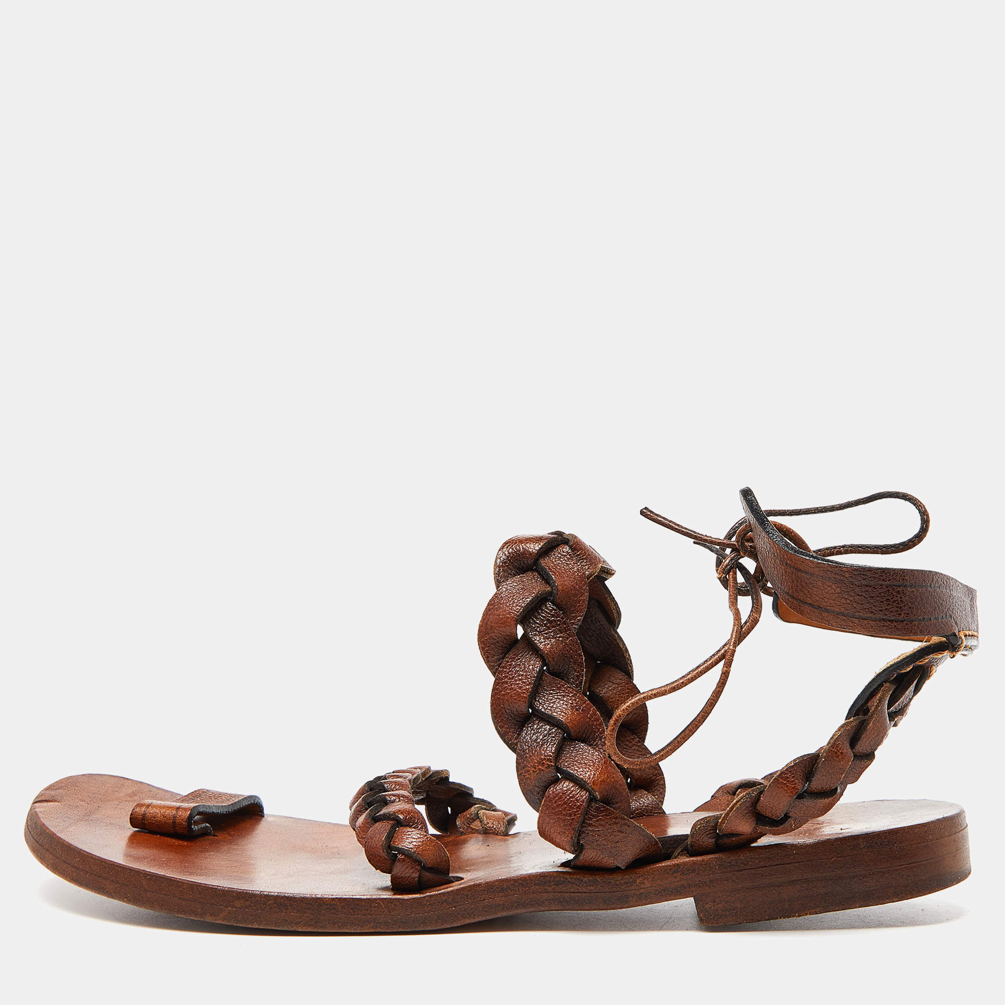 مملوكة مسبقًا Chloe Brown Braided Leather Ankle Tie Flat Sandals Size 39