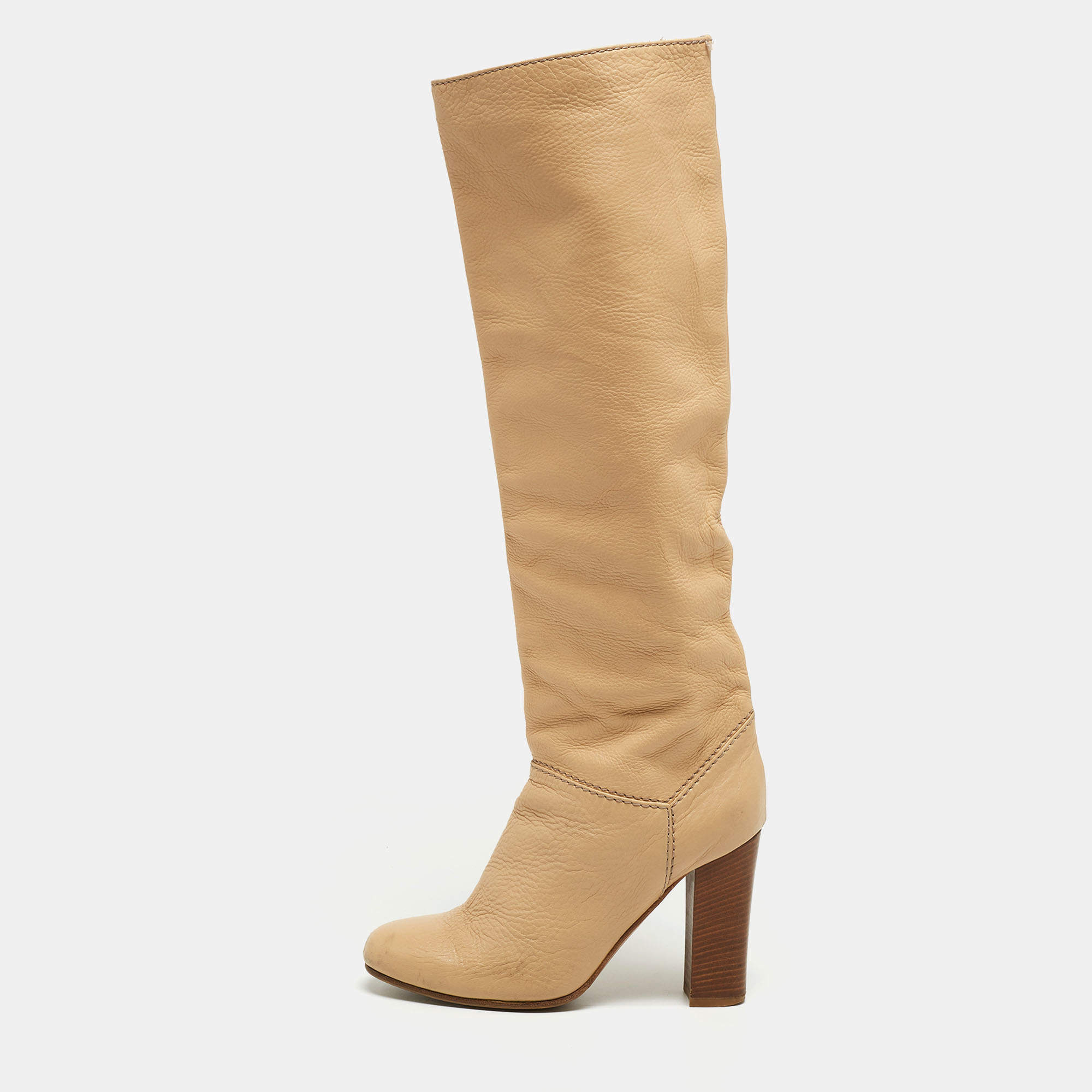 Chloe Beige Leather Knee Length Boots Size 38