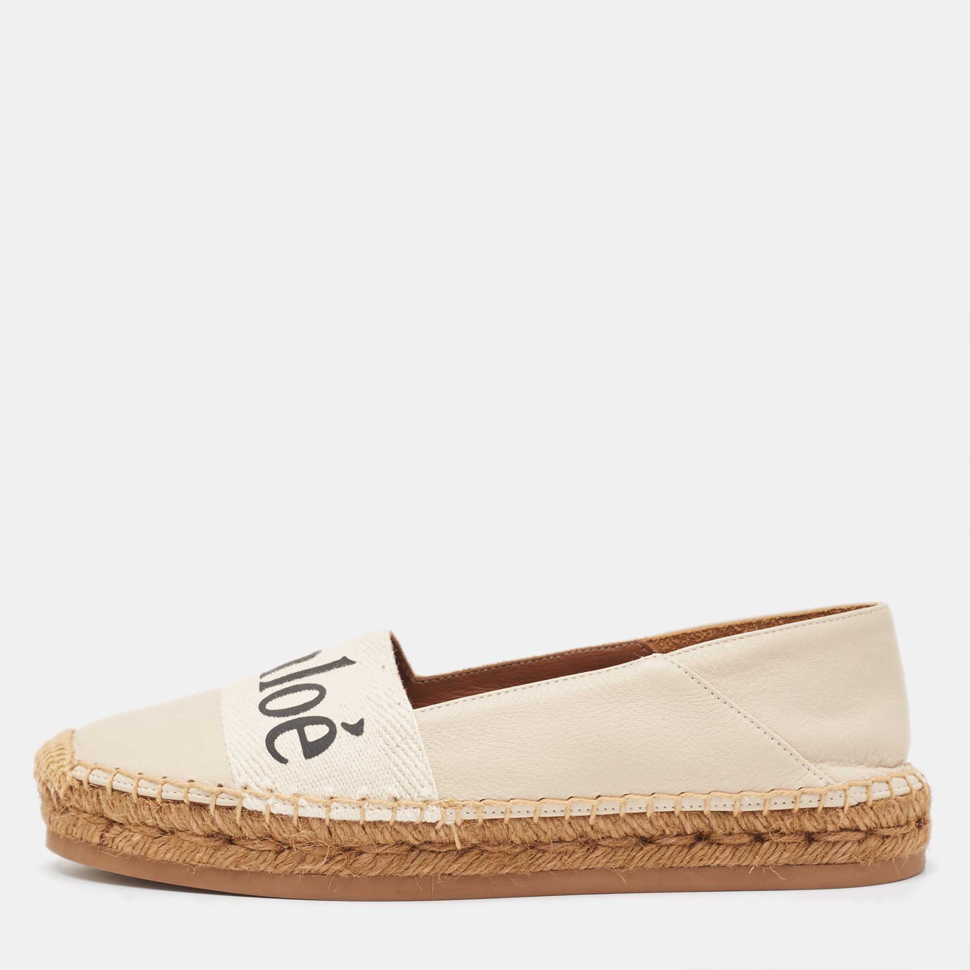 Pre Owned Chloe Cream Leather and Logo Canvas Woody Espadrille Flats Size 37