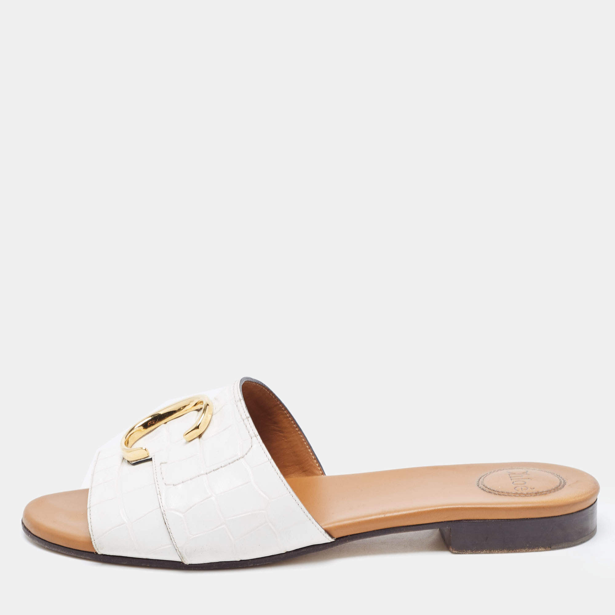 Chloe White Croc Embossed Leather C Slide Sandals Size 40