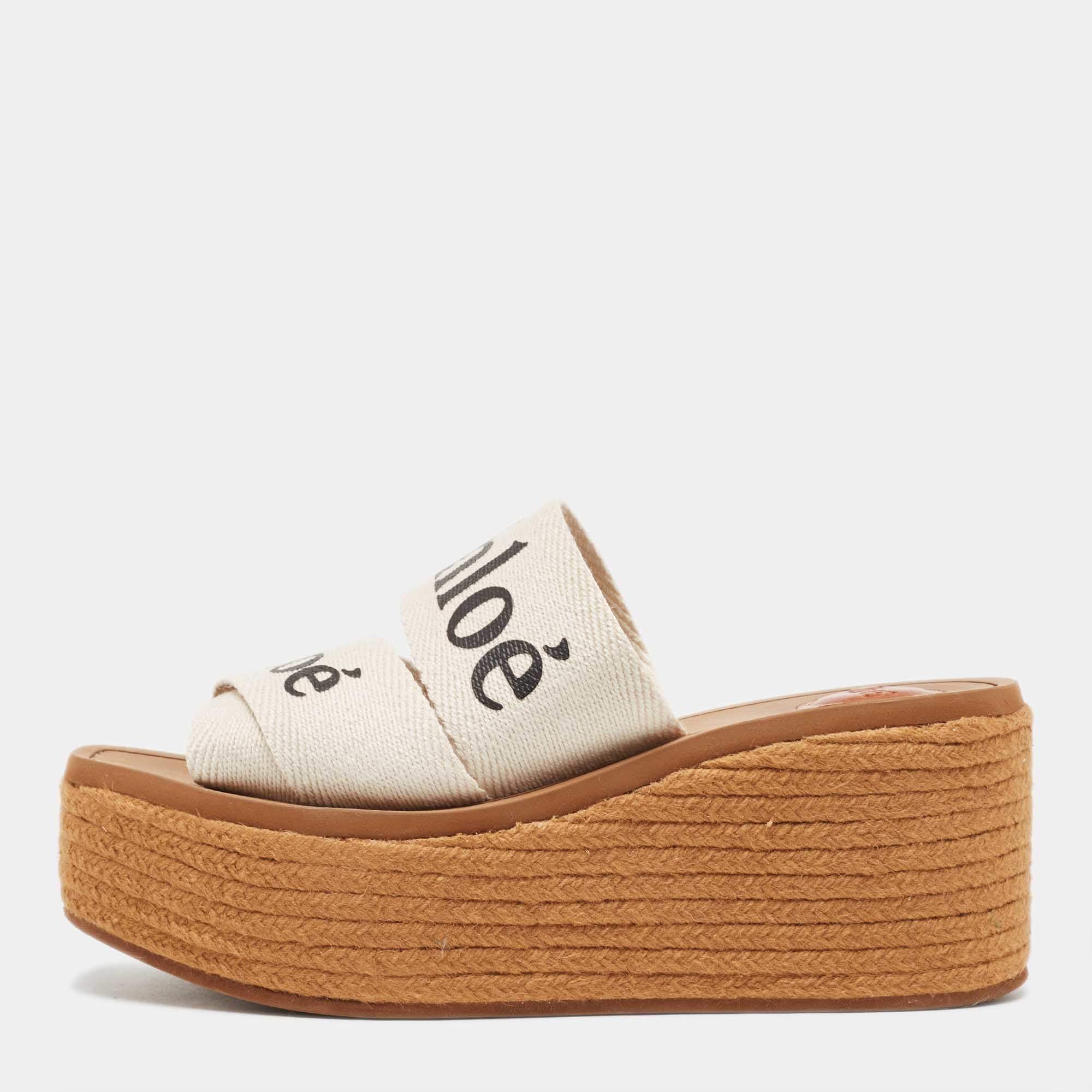 Chloe White Canvas Logo Print Woody Wedge Platform Slide Sandals Size 38