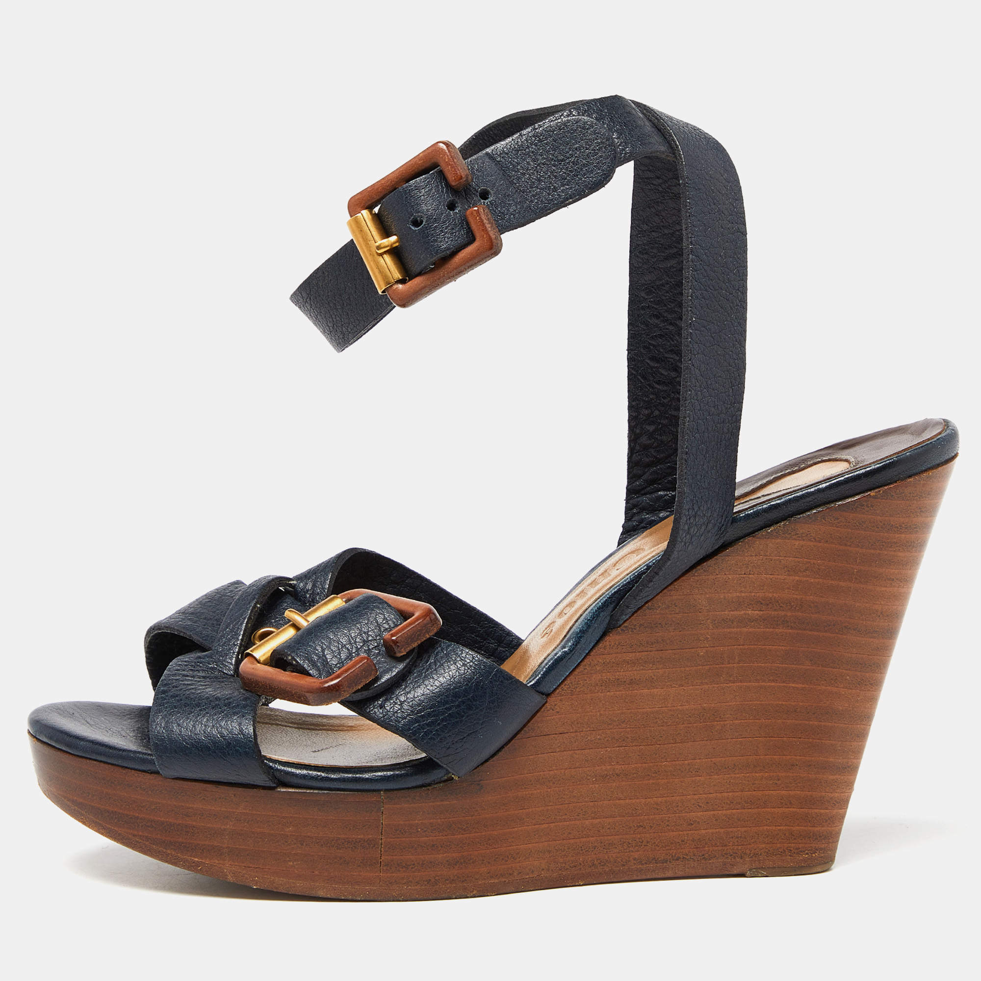 Chloe Navy Blue Leather Buckle Detail Wedge Platform Ankle Wrap Sandals Size 38