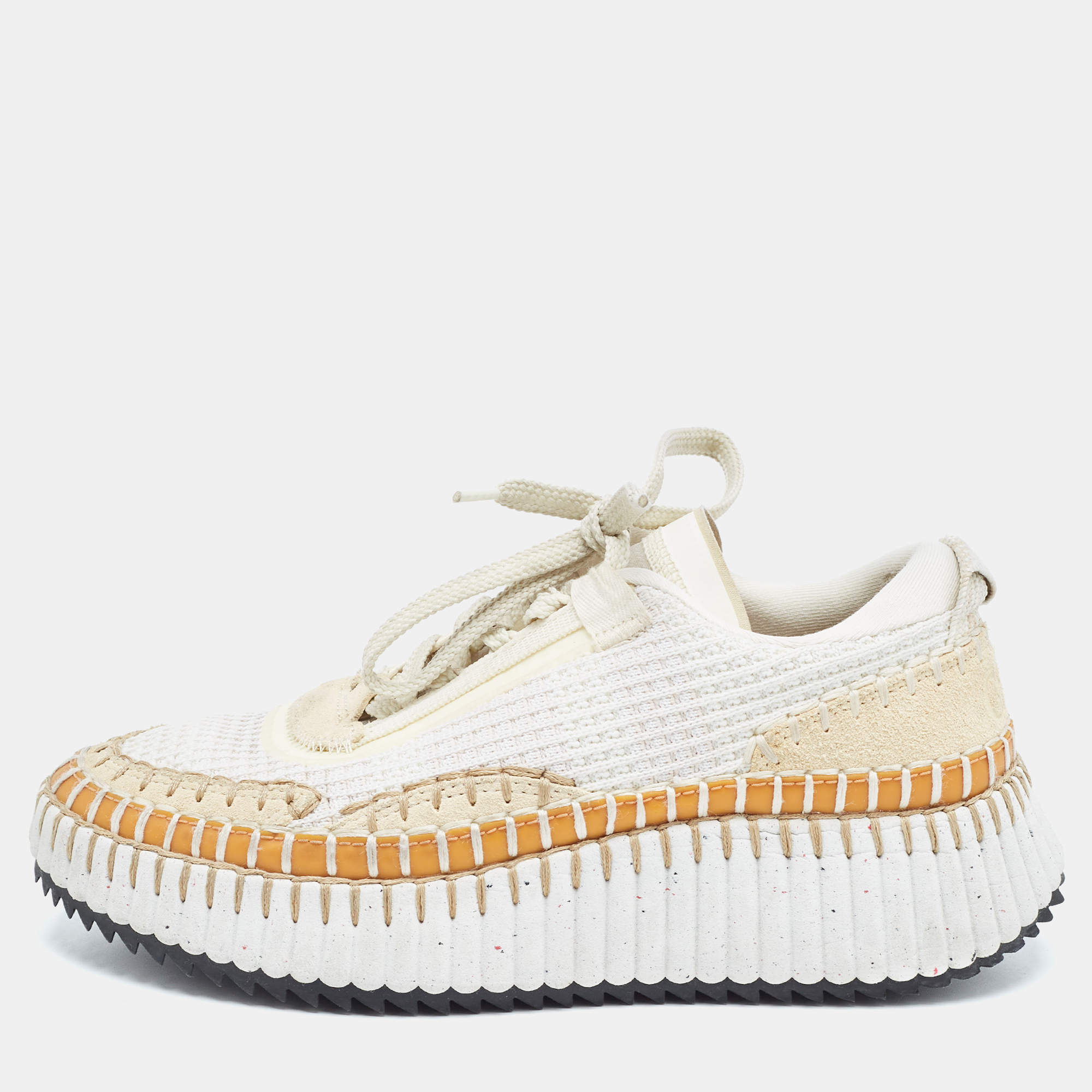 Chloe White/Brown Fabric and Suede Nama Low Top Sneakers Size 36