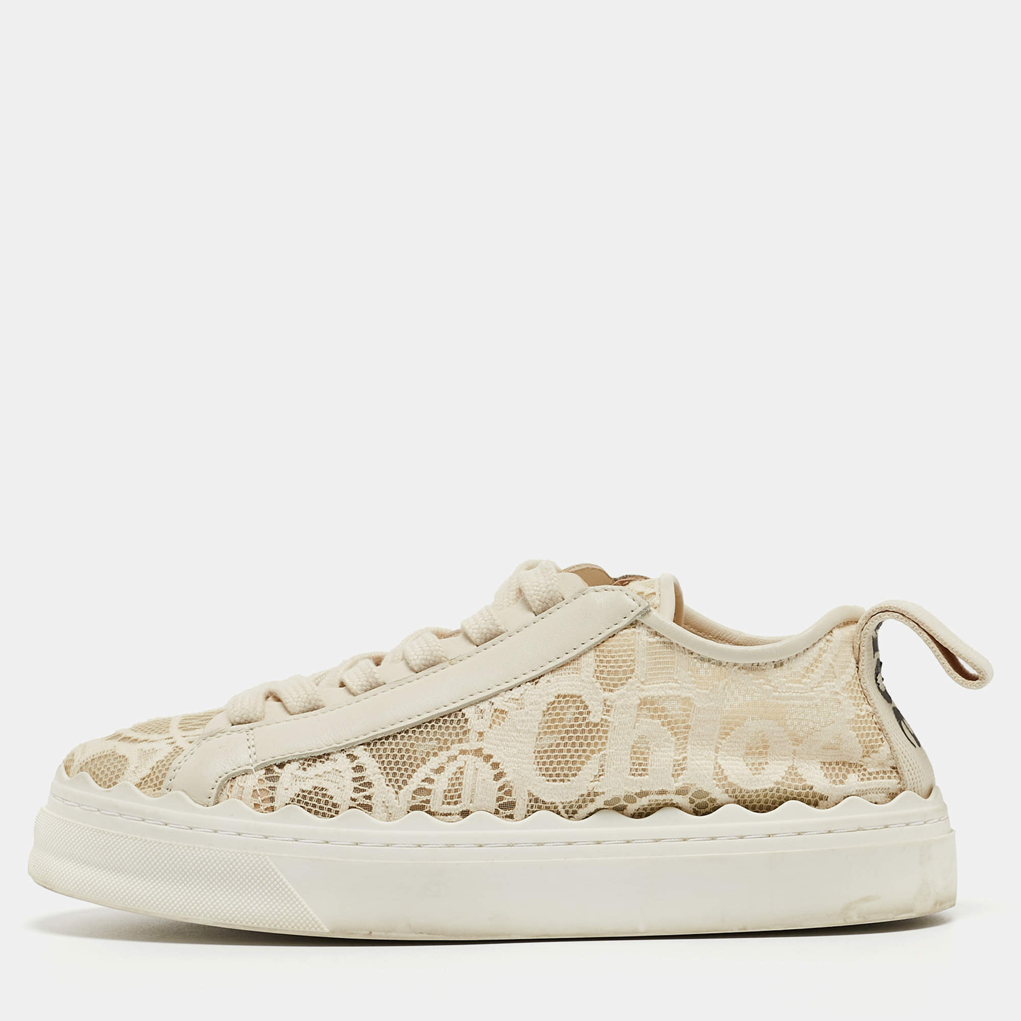 Pre Owned Chloe Cream Lace And Leather Lauren Lace Up Sneakers Size 36