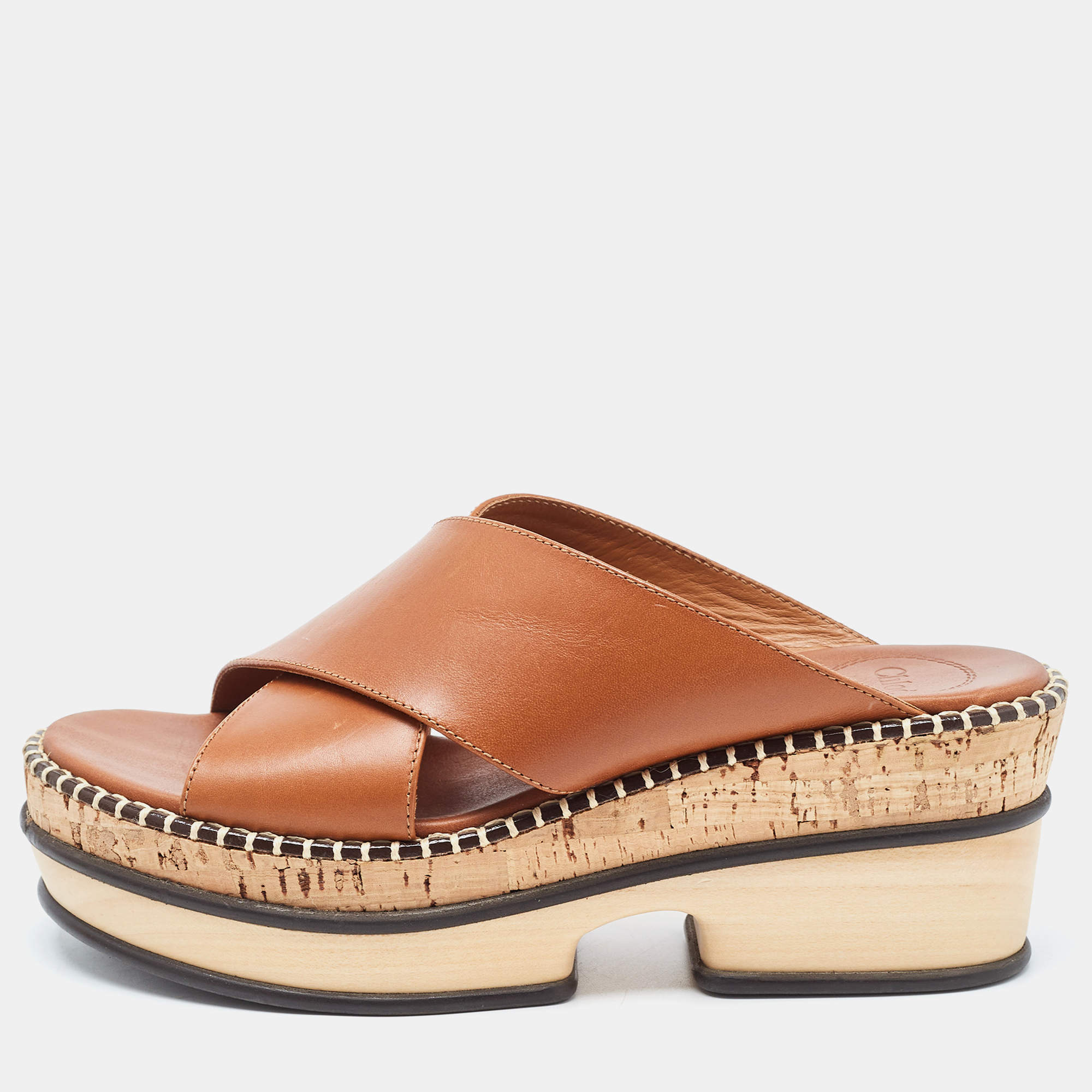Chloe Brown Leather Woody Leather Slides Sandals Size 37
