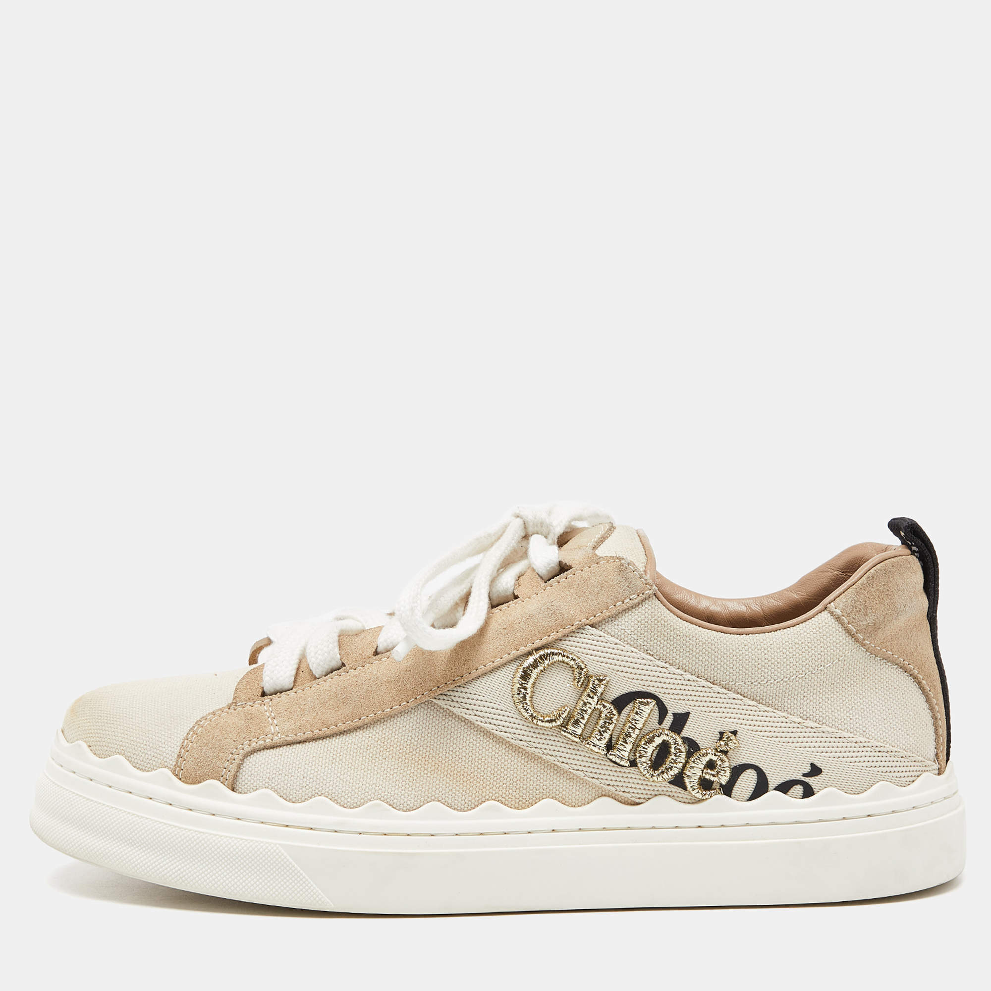 Pre Owned Chloé Beige Canvas and Suede Lauren Logo Embroidered Low Top Sneakers Size 39