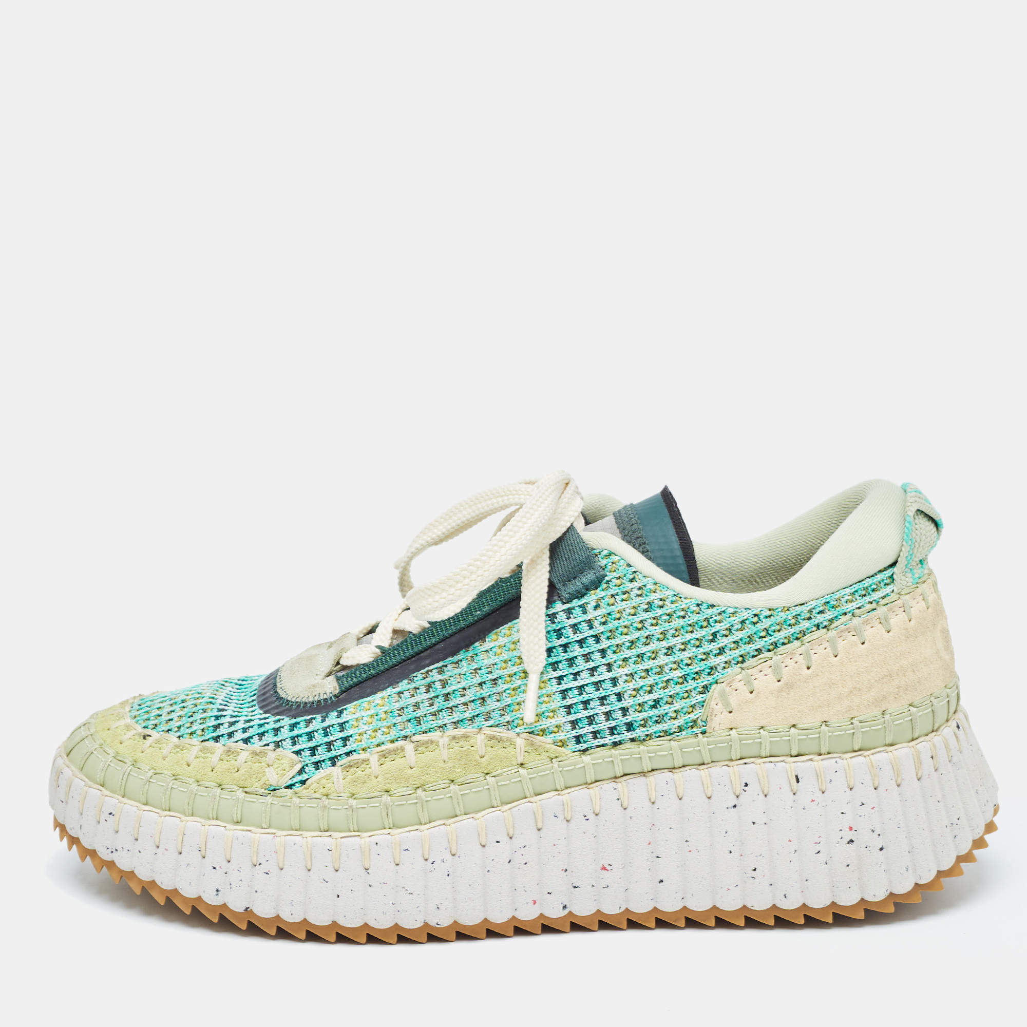 Pre Owned Chloe Multicolor Knit Fabric Panel Lace Up Sneakers Size 40